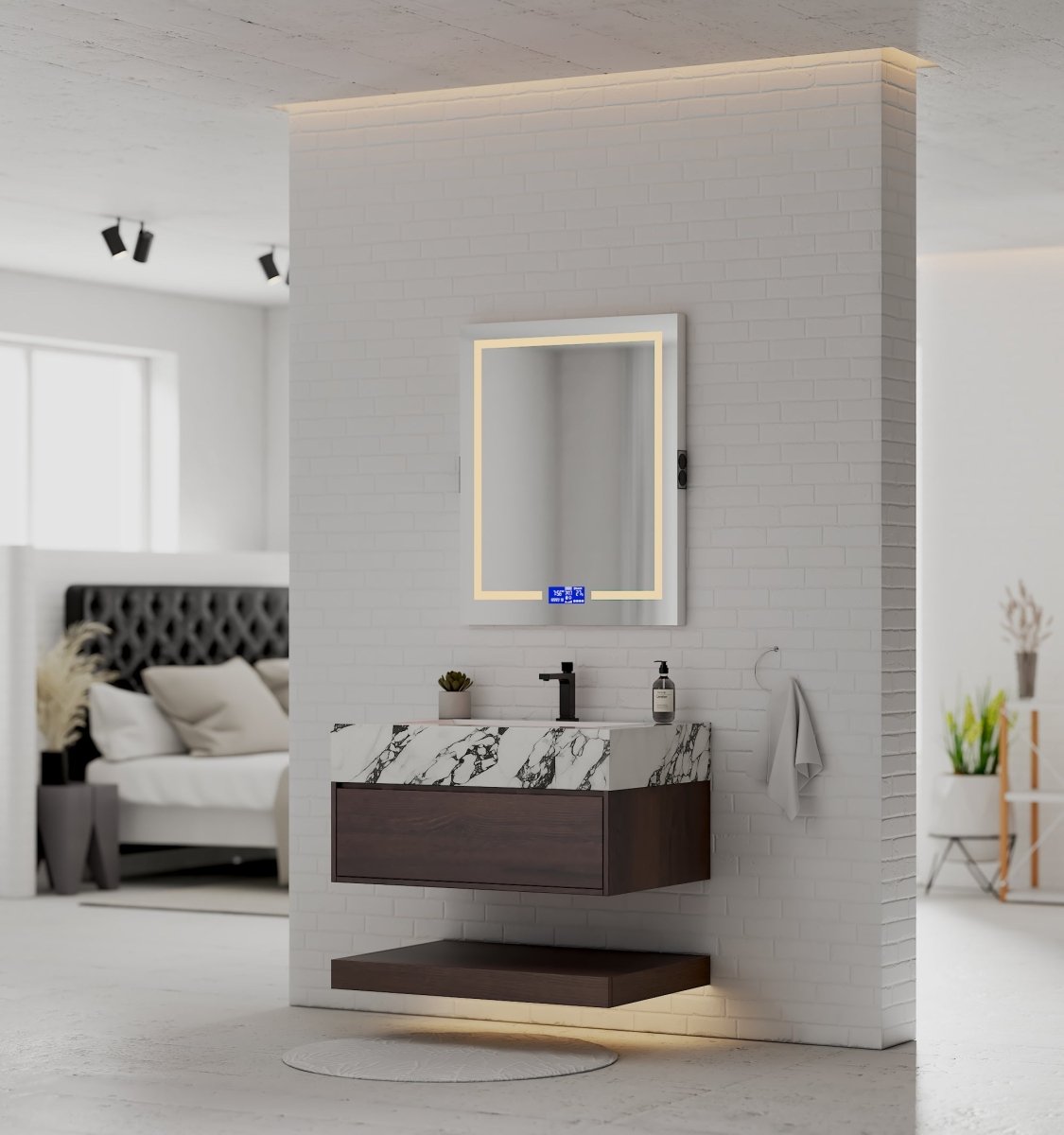 32", 36", 40" Walnut Sintered Stone Top with Hotel - Style Floating Bathroom Vanity - VanityCalacatta Black NeoNova Decor