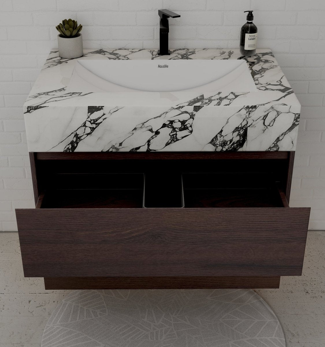 32", 36", 40" Walnut Sintered Stone Top with Hotel - Style Floating Bathroom Vanity - VanityCalacatta Black NeoNova Decor