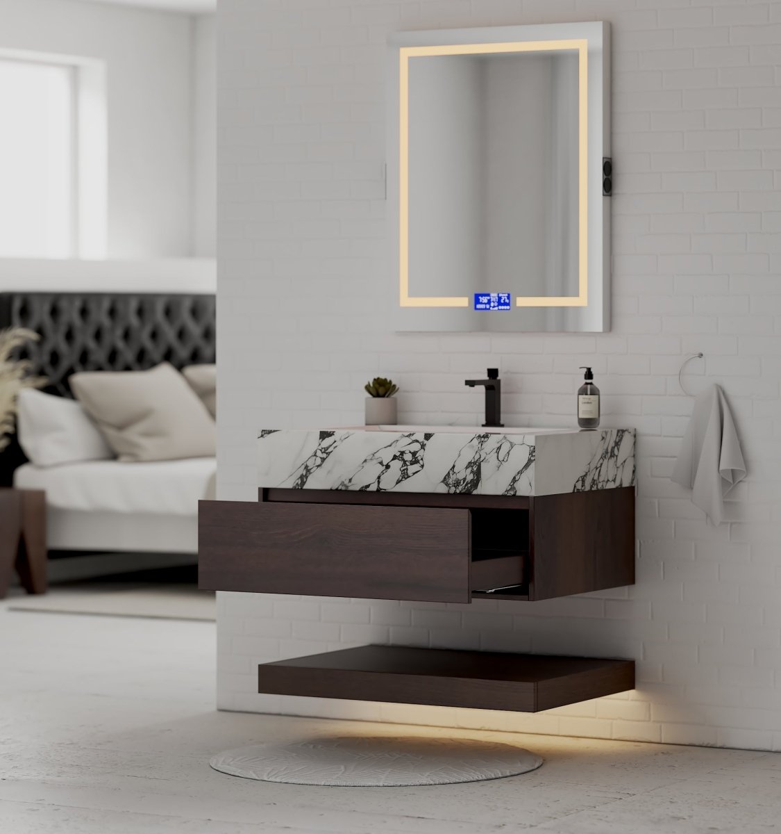 32", 36", 40" Walnut Sintered Stone Top with Hotel - Style Floating Bathroom Vanity - VanityCalacatta Black NeoNova Decor