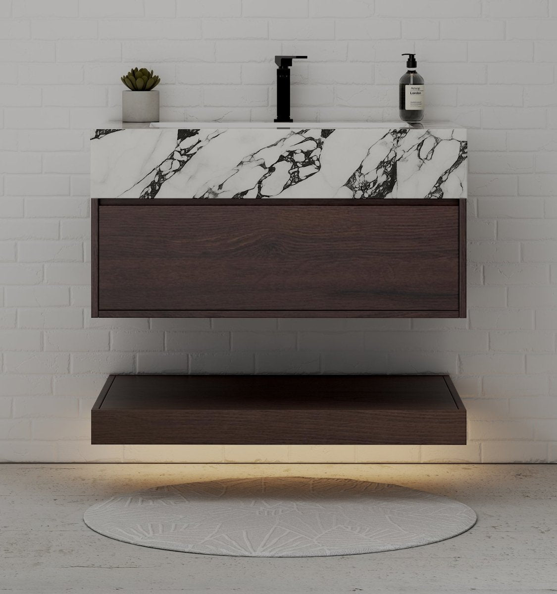 32", 36", 40" Walnut Sintered Stone Top with Hotel - Style Floating Bathroom Vanity - VanityCalacatta Black NeoNova Decor