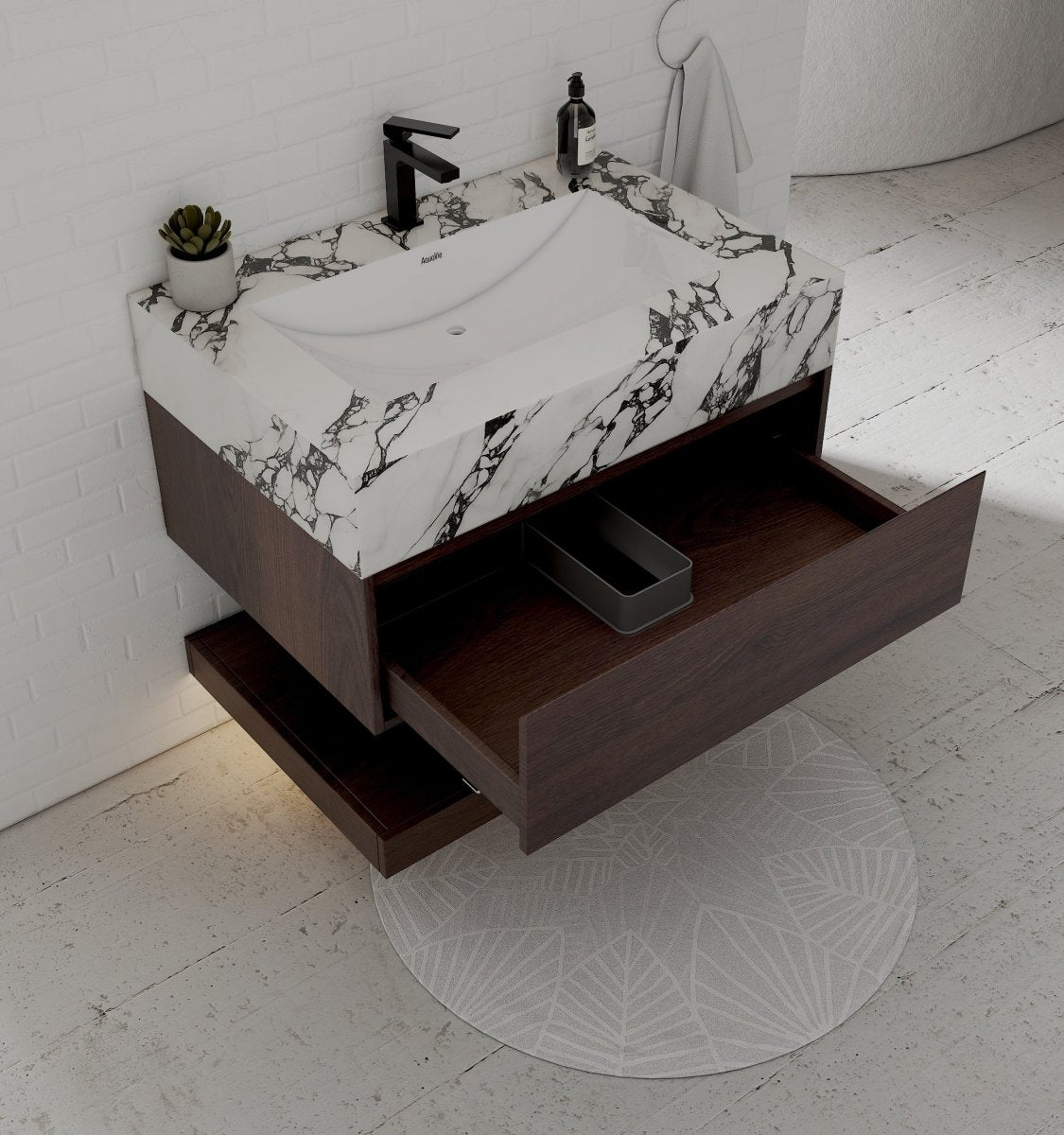 32", 36", 40" Walnut Sintered Stone Top with Hotel - Style Floating Bathroom Vanity - VanityCalacatta Black NeoNova Decor