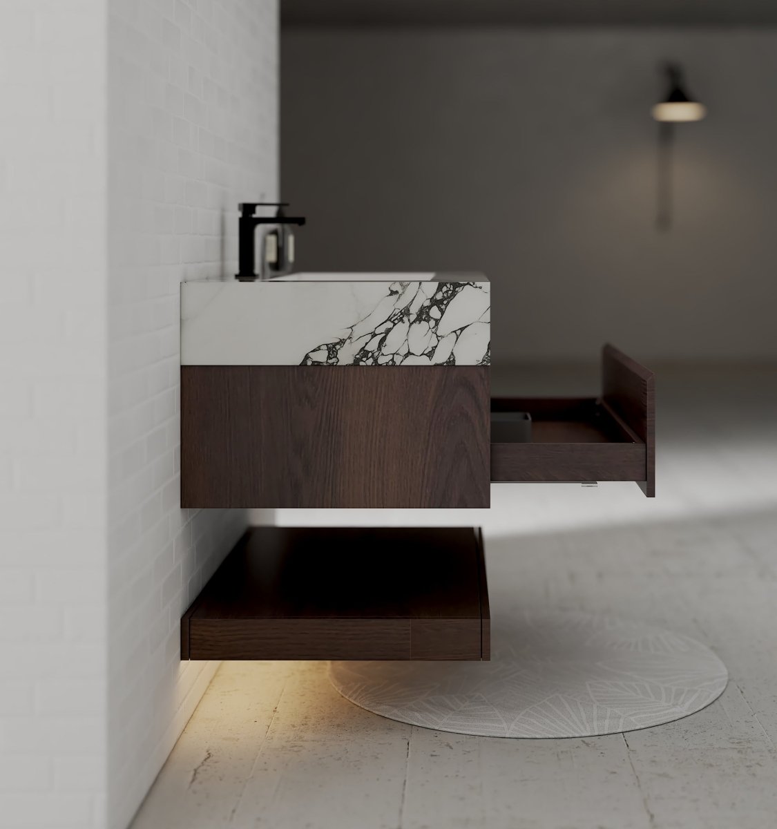 32", 36", 40" Walnut Sintered Stone Top with Hotel - Style Floating Bathroom Vanity - VanityCalacatta Black NeoNova Decor