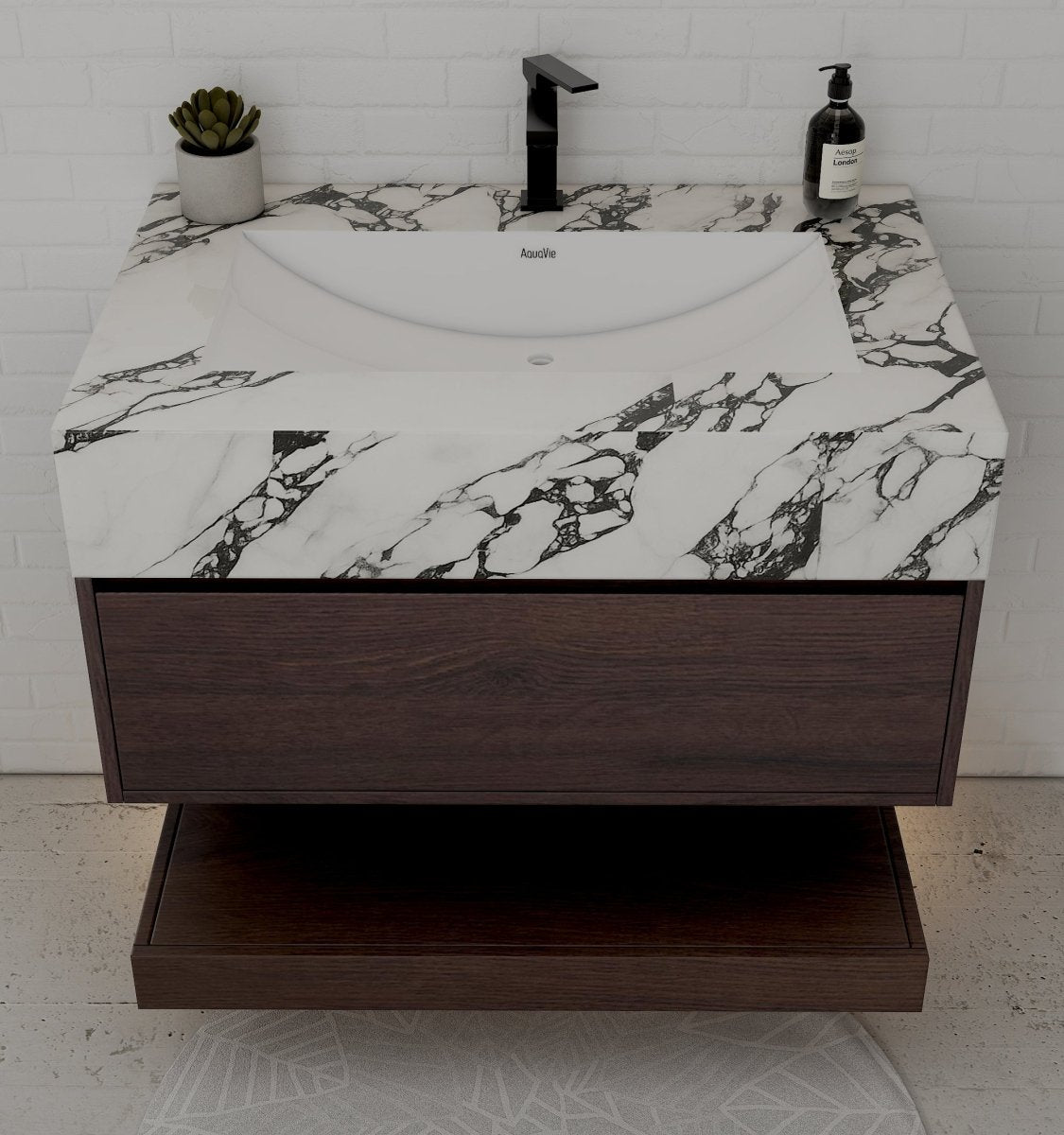 32", 36", 40" Walnut Sintered Stone Top with Hotel - Style Floating Bathroom Vanity - VanityCalacatta Black NeoNova Decor