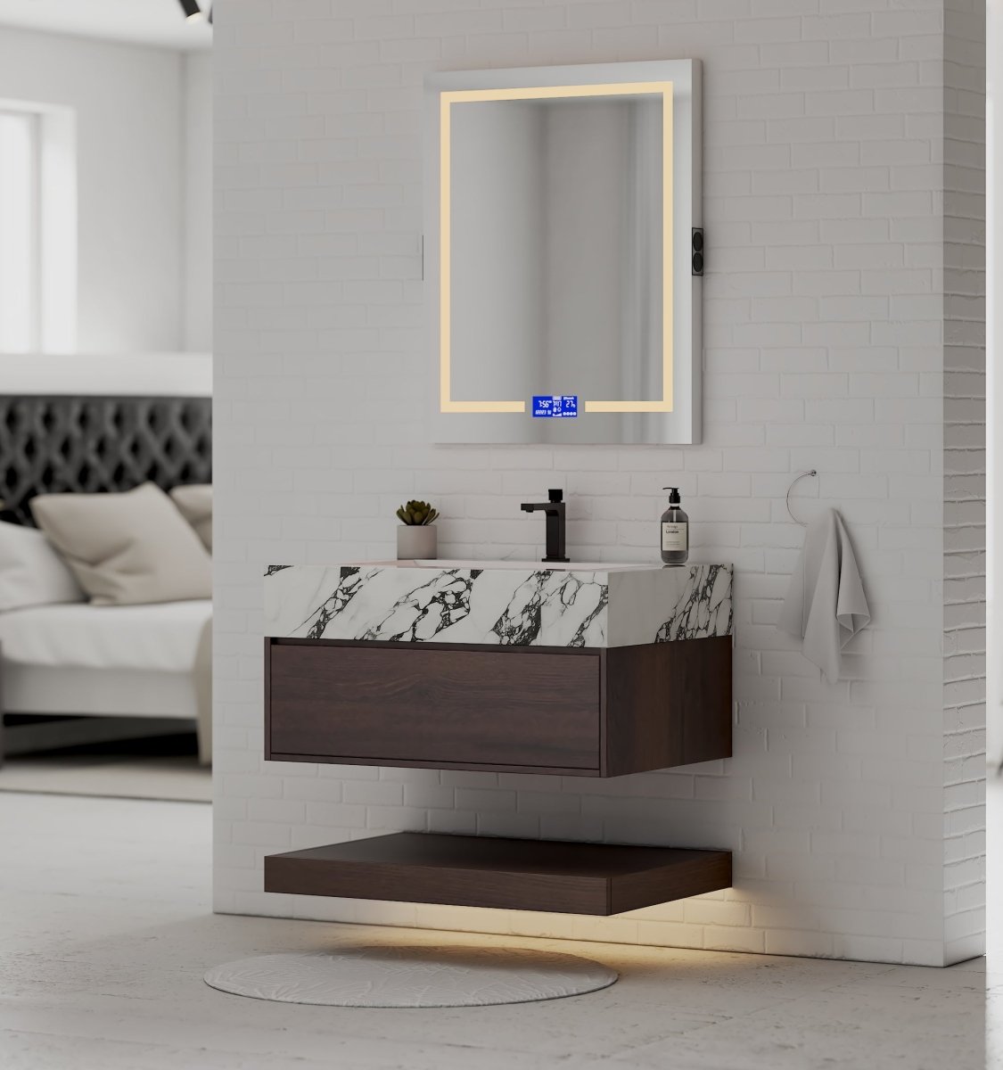 32", 36", 40" Walnut Sintered Stone Top with Hotel - Style Floating Bathroom Vanity - VanityCalacatta Black NeoNova Decor