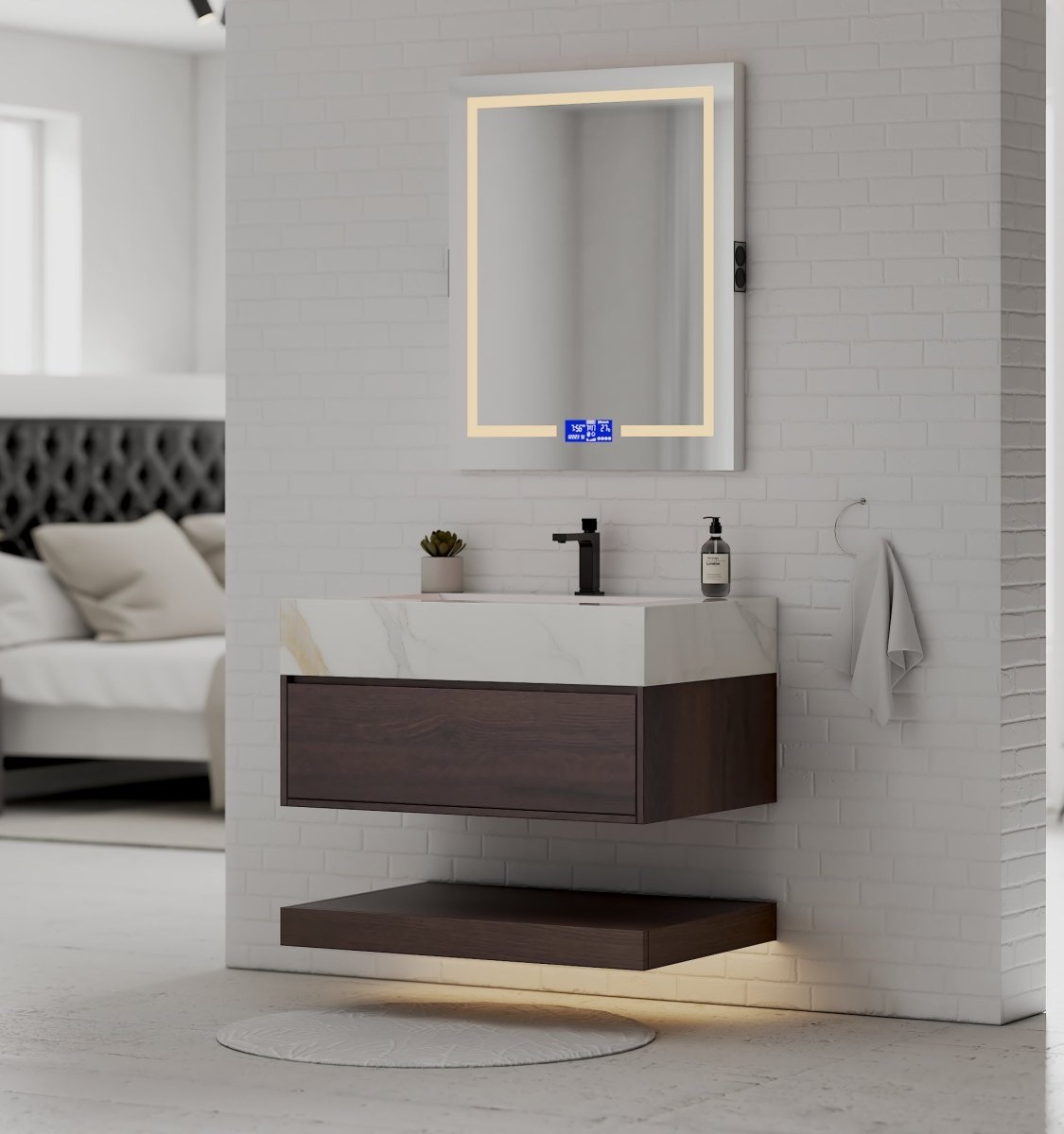 32", 36", 40" Walnut Sintered Stone Top with Hotel - Style Floating Bathroom Vanity - VanityCalacatta Gold NeoNova Decor