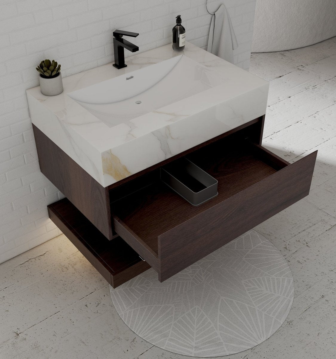32", 36", 40" Walnut Sintered Stone Top with Hotel - Style Floating Bathroom Vanity - VanityCalacatta Gold NeoNova Decor