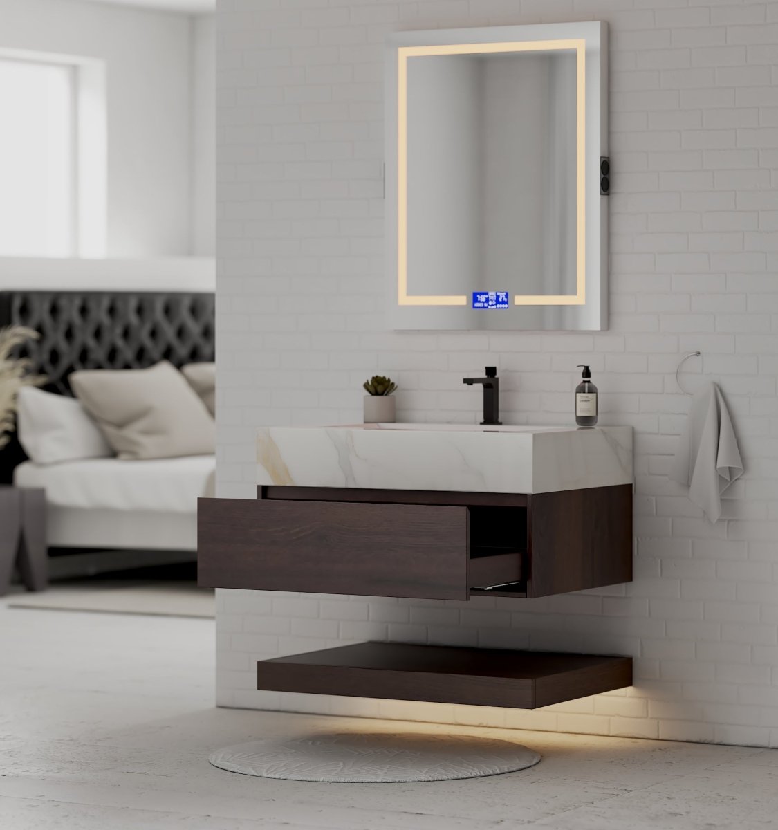 32", 36", 40" Walnut Sintered Stone Top with Hotel - Style Floating Bathroom Vanity - VanityCalacatta Gold NeoNova Decor