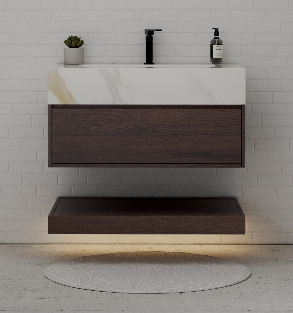 32", 36", 40" Walnut Sintered Stone Top with Hotel - Style Floating Bathroom Vanity - VanityCalacatta Gold NeoNova Decor