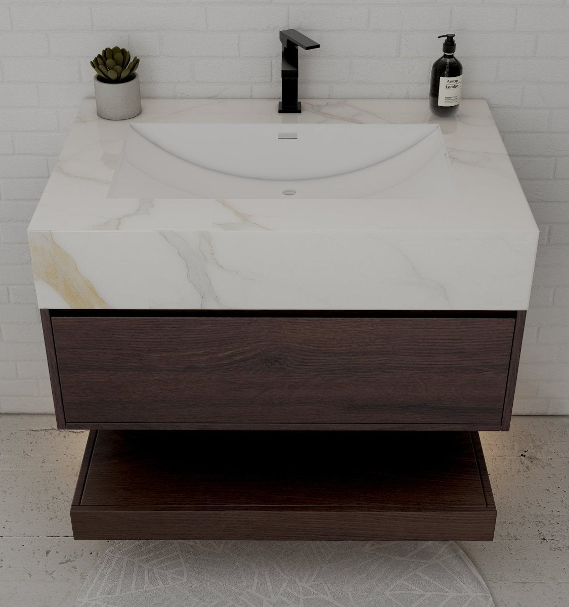 32", 36", 40" Walnut Sintered Stone Top with Hotel - Style Floating Bathroom Vanity - VanityCalacatta Gold NeoNova Decor