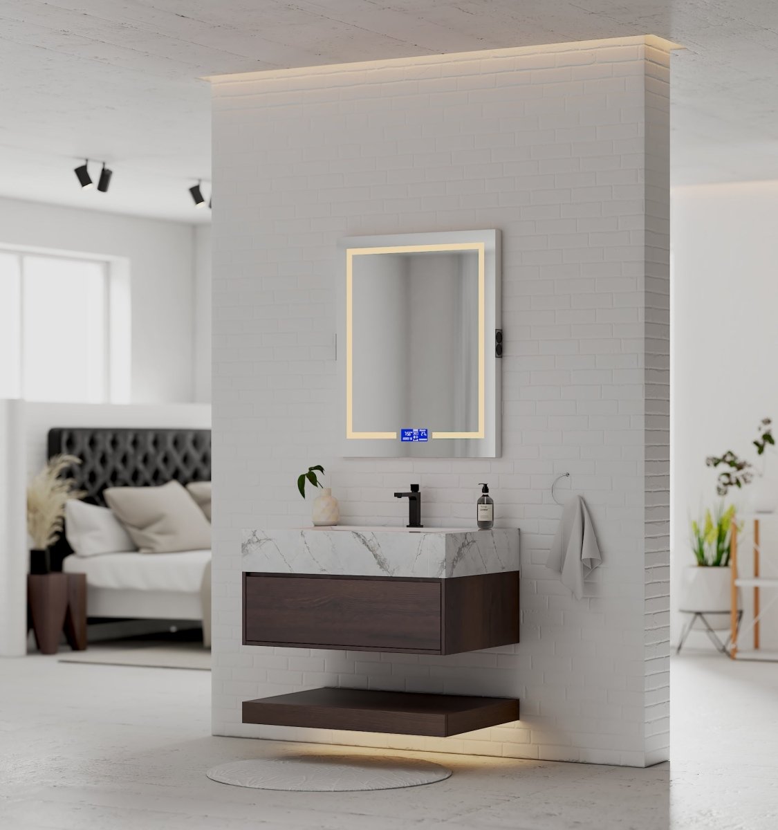 32", 36", 40" Walnut Sintered Stone Top with Hotel - Style Floating Bathroom Vanity - VanityIce Grey NeoNova Decor