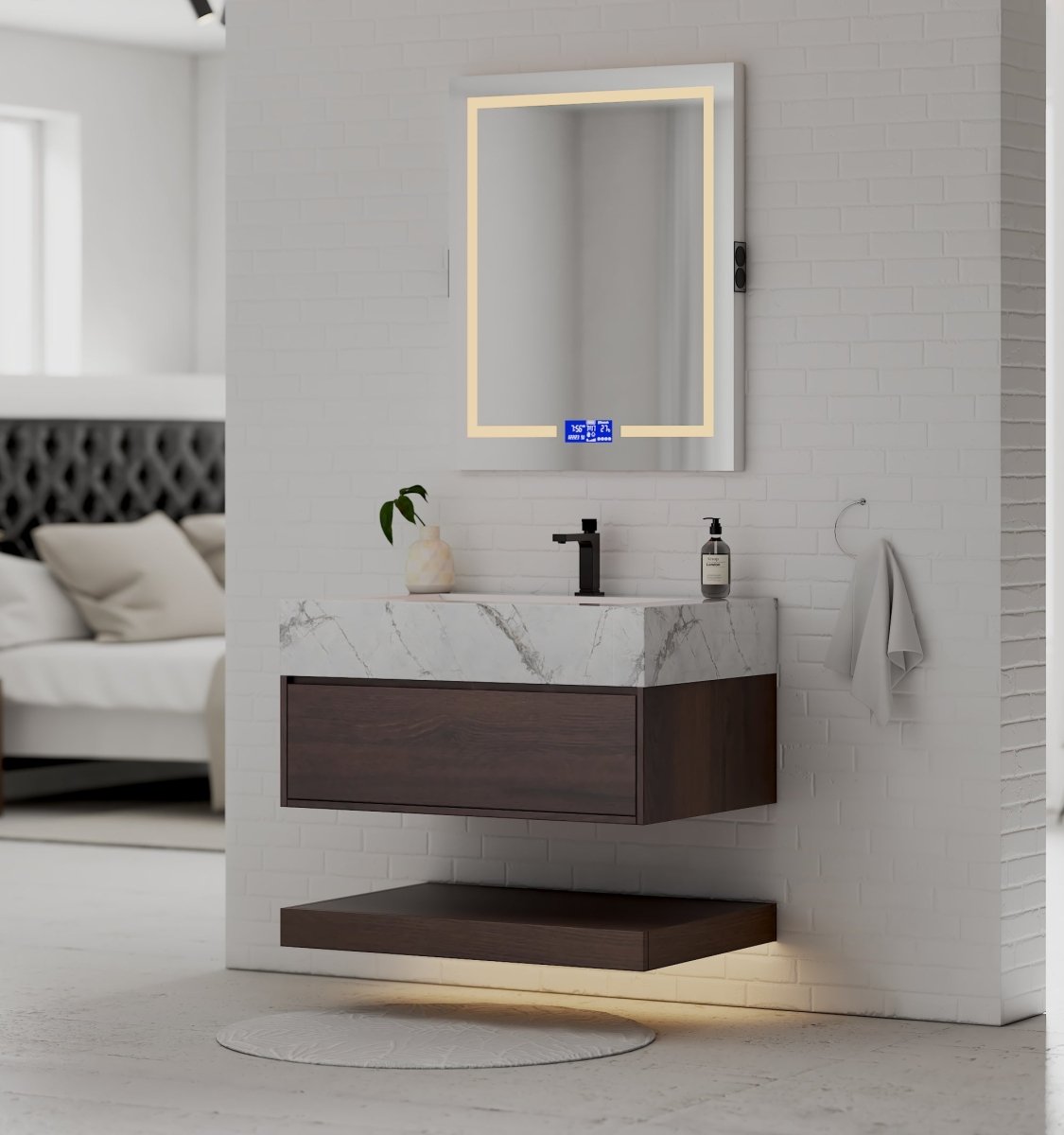 32", 36", 40" Walnut Sintered Stone Top with Hotel - Style Floating Bathroom Vanity - VanityIce Grey NeoNova Decor