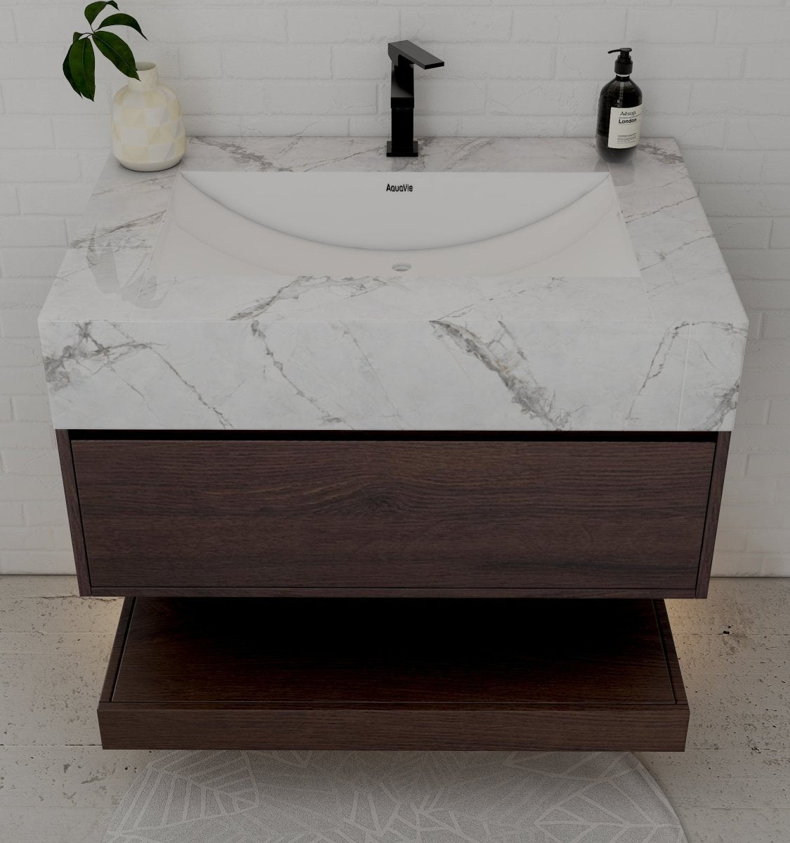 32", 36", 40" Walnut Sintered Stone Top with Hotel - Style Floating Bathroom Vanity - VanityIce Grey NeoNova Decor