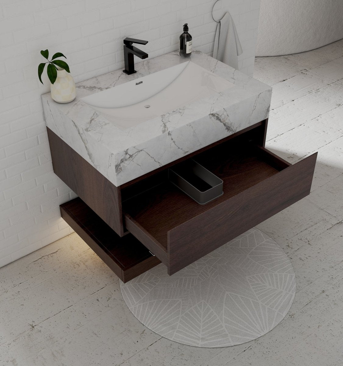 32", 36", 40" Walnut Sintered Stone Top with Hotel - Style Floating Bathroom Vanity - VanityIce Grey NeoNova Decor