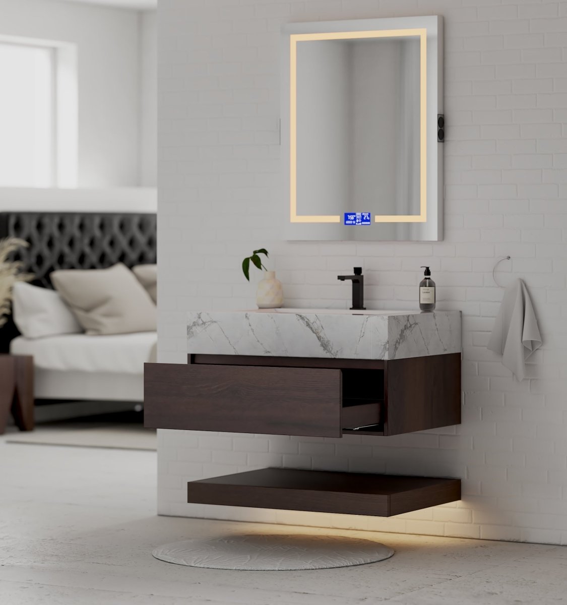 32", 36", 40" Walnut Sintered Stone Top with Hotel - Style Floating Bathroom Vanity - VanityIce Grey NeoNova Decor