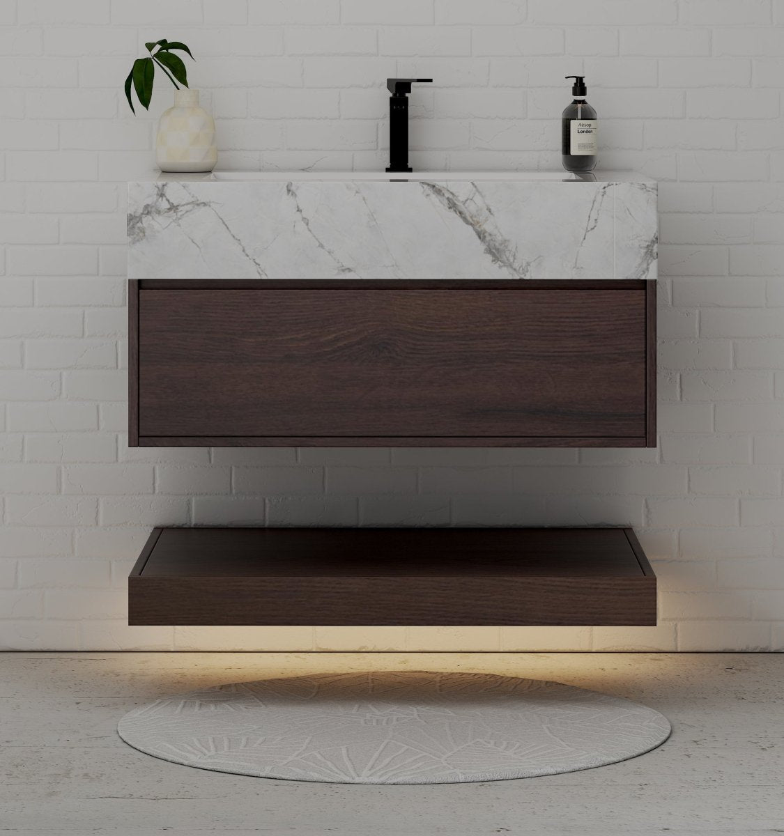 32", 36", 40" Walnut Sintered Stone Top with Hotel - Style Floating Bathroom Vanity - VanityIce Grey NeoNova Decor