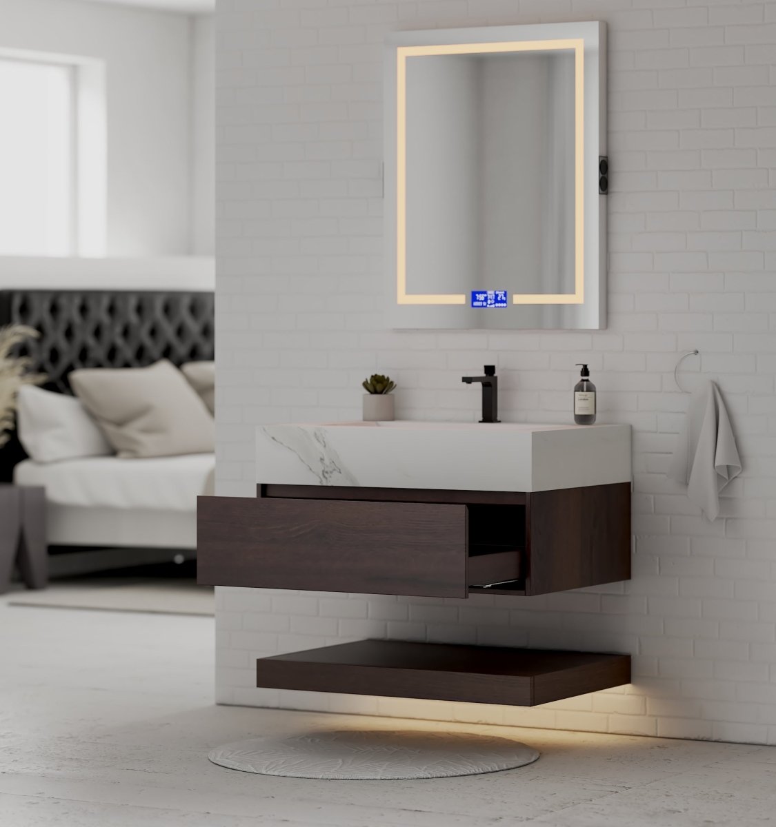 32", 36", 40" Walnut Sintered Stone Top with Hotel - Style Floating Bathroom Vanity - VanityWhite Carrara NeoNova Decor