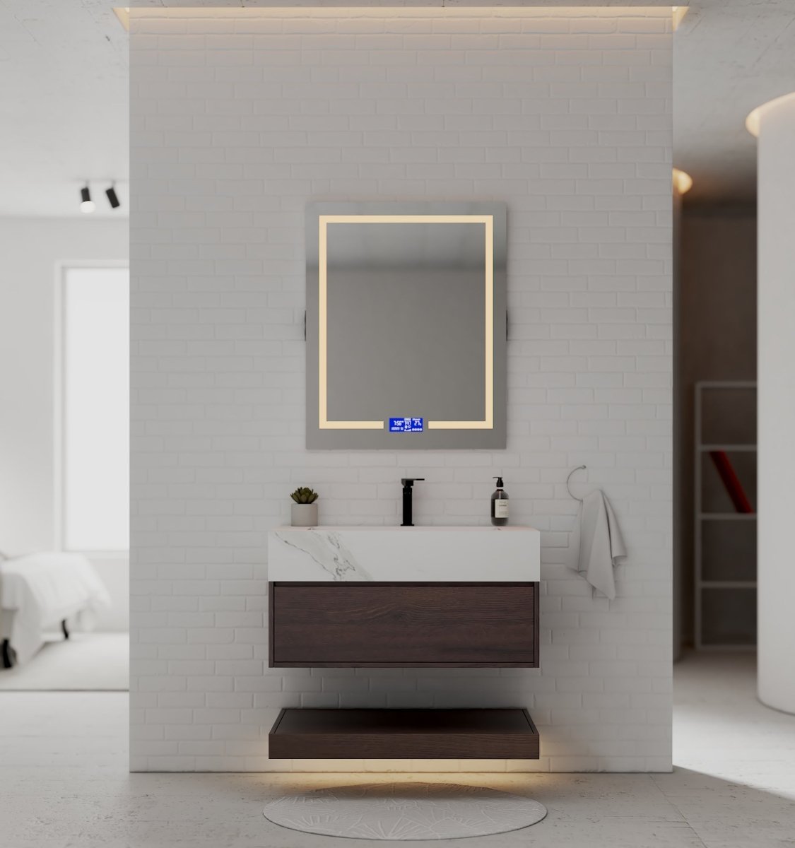 32", 36", 40" Walnut Sintered Stone Top with Hotel - Style Floating Bathroom Vanity - VanityWhite Carrara NeoNova Decor
