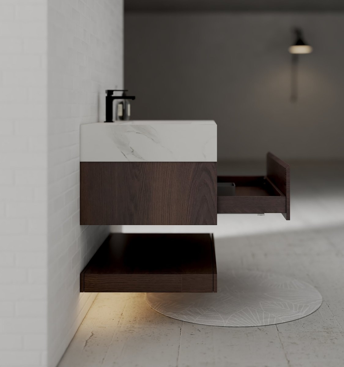 32", 36", 40" Walnut Sintered Stone Top with Hotel - Style Floating Bathroom Vanity - VanityWhite Carrara NeoNova Decor
