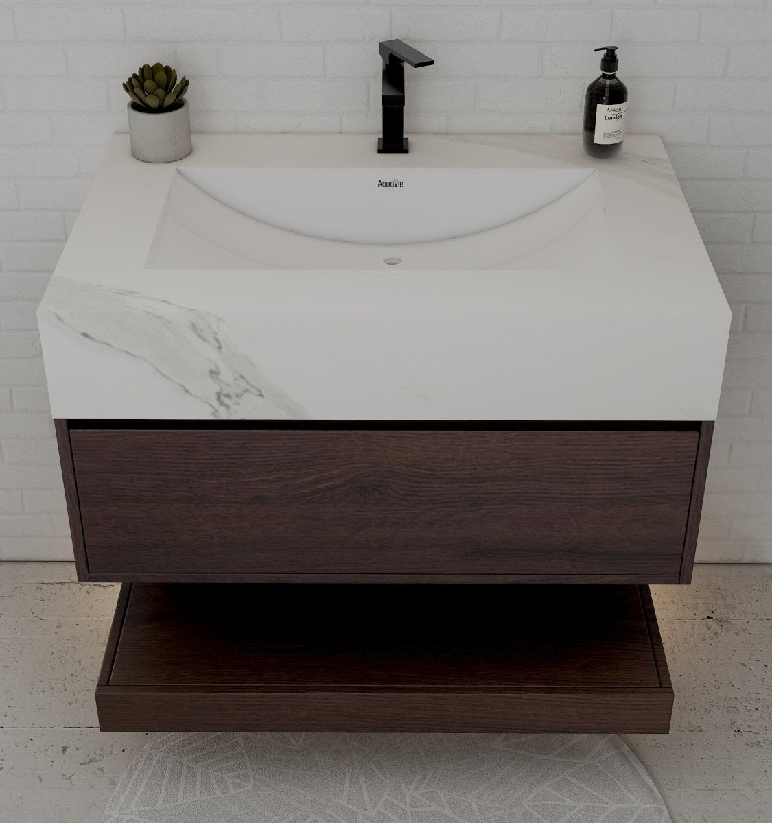 32", 36", 40" Walnut Sintered Stone Top with Hotel - Style Floating Bathroom Vanity - VanityWhite Carrara NeoNova Decor