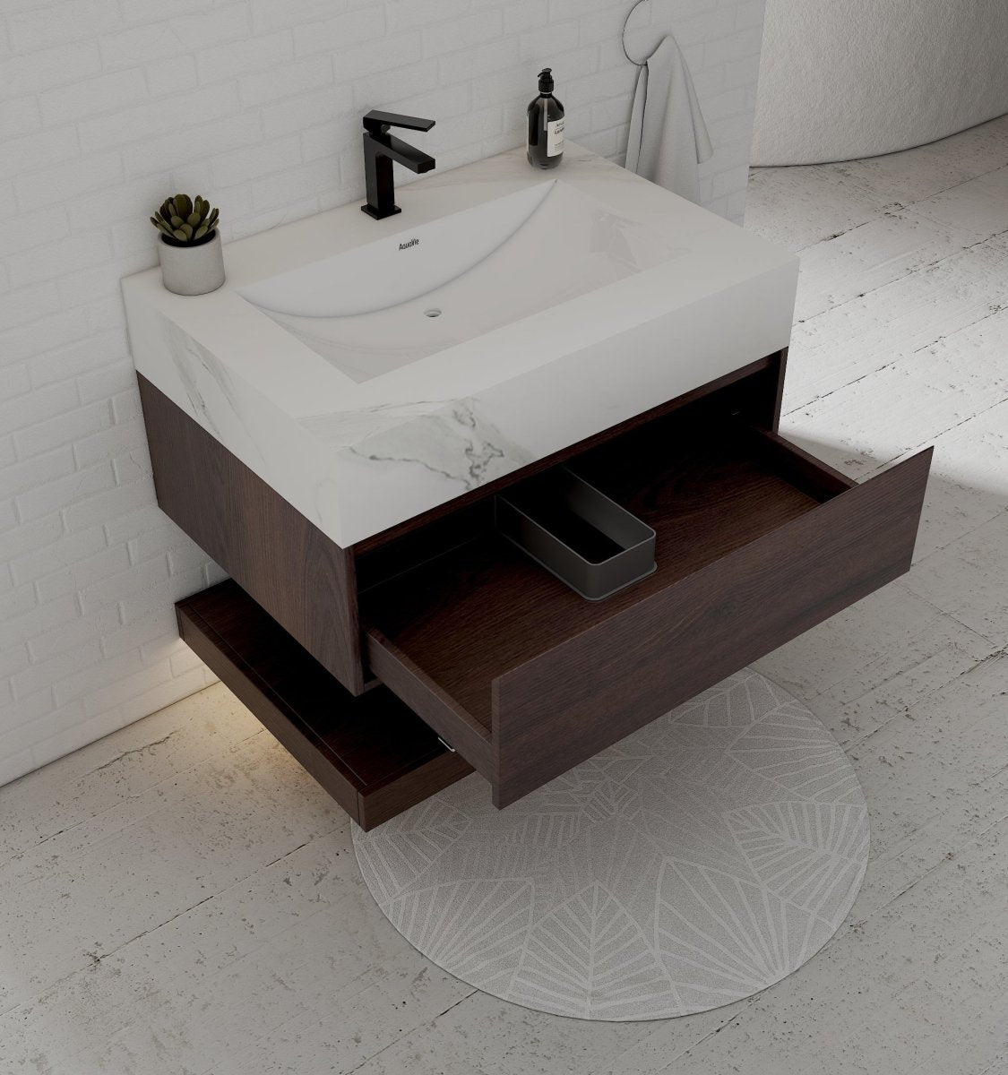 32", 36", 40" Walnut Sintered Stone Top with Hotel - Style Floating Bathroom Vanity - VanityWhite Carrara NeoNova Decor