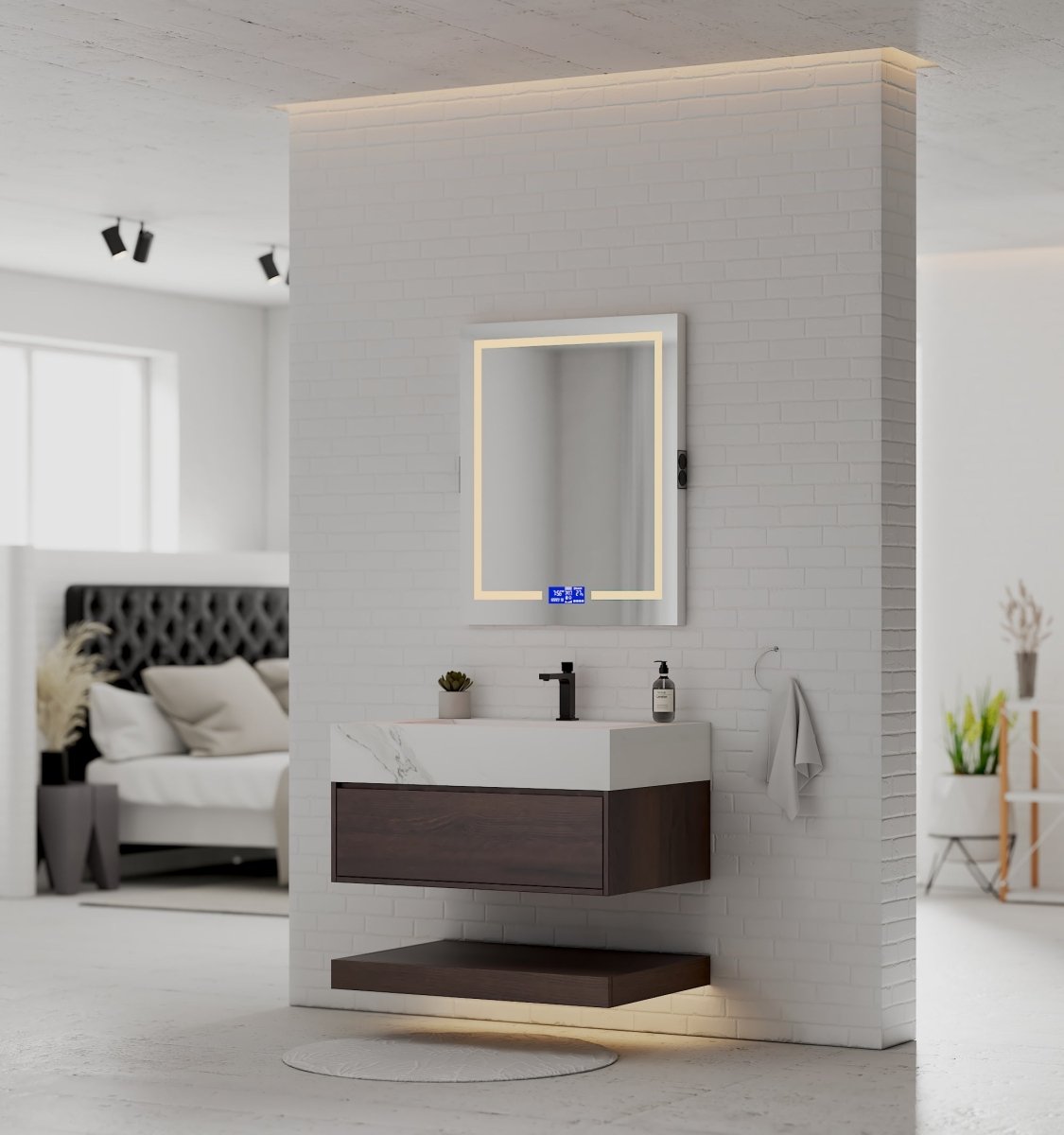 32", 36", 40" Walnut Sintered Stone Top with Hotel - Style Floating Bathroom Vanity - VanityWhite Carrara NeoNova Decor