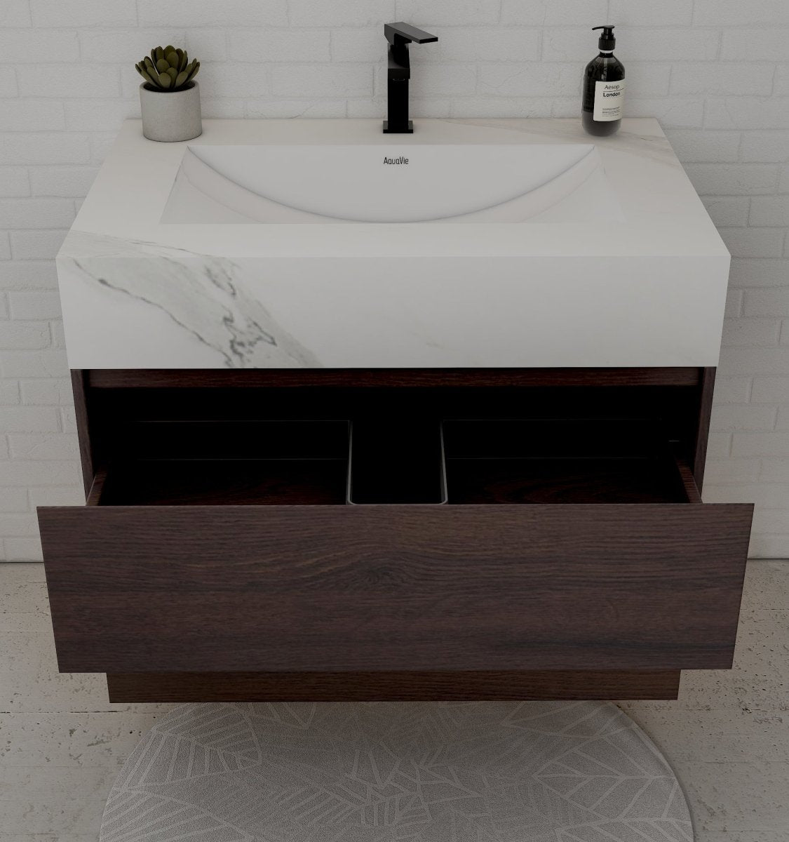 32", 36", 40" Walnut Sintered Stone Top with Hotel - Style Floating Bathroom Vanity - VanityWhite Carrara NeoNova Decor