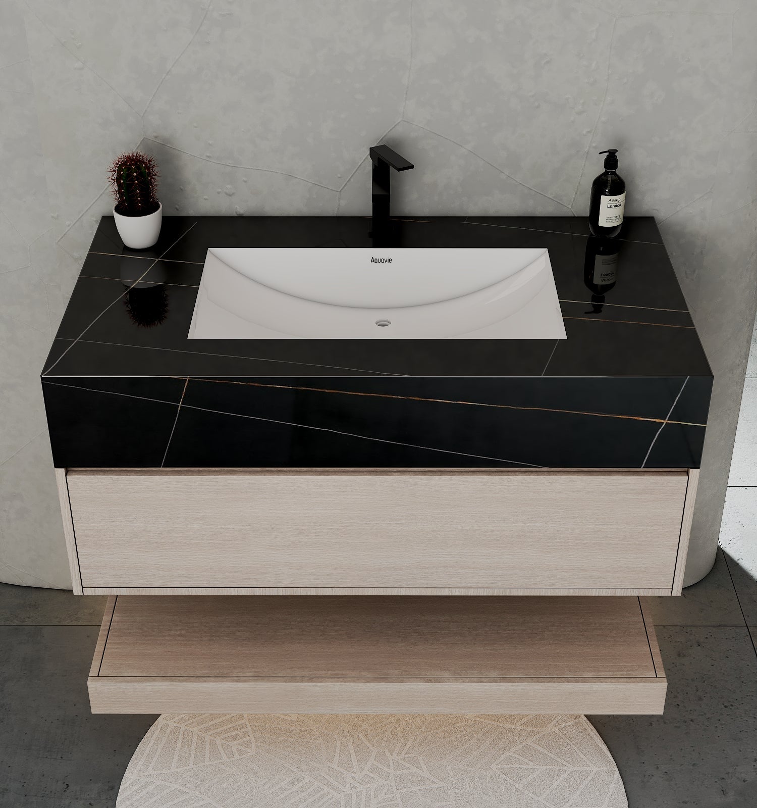 32", 36", 40" White Grey Oak Hotel-Style Floating Bathroom Vanity With Sintered Stone Top with -VanityBlack Marquina Gold Veins