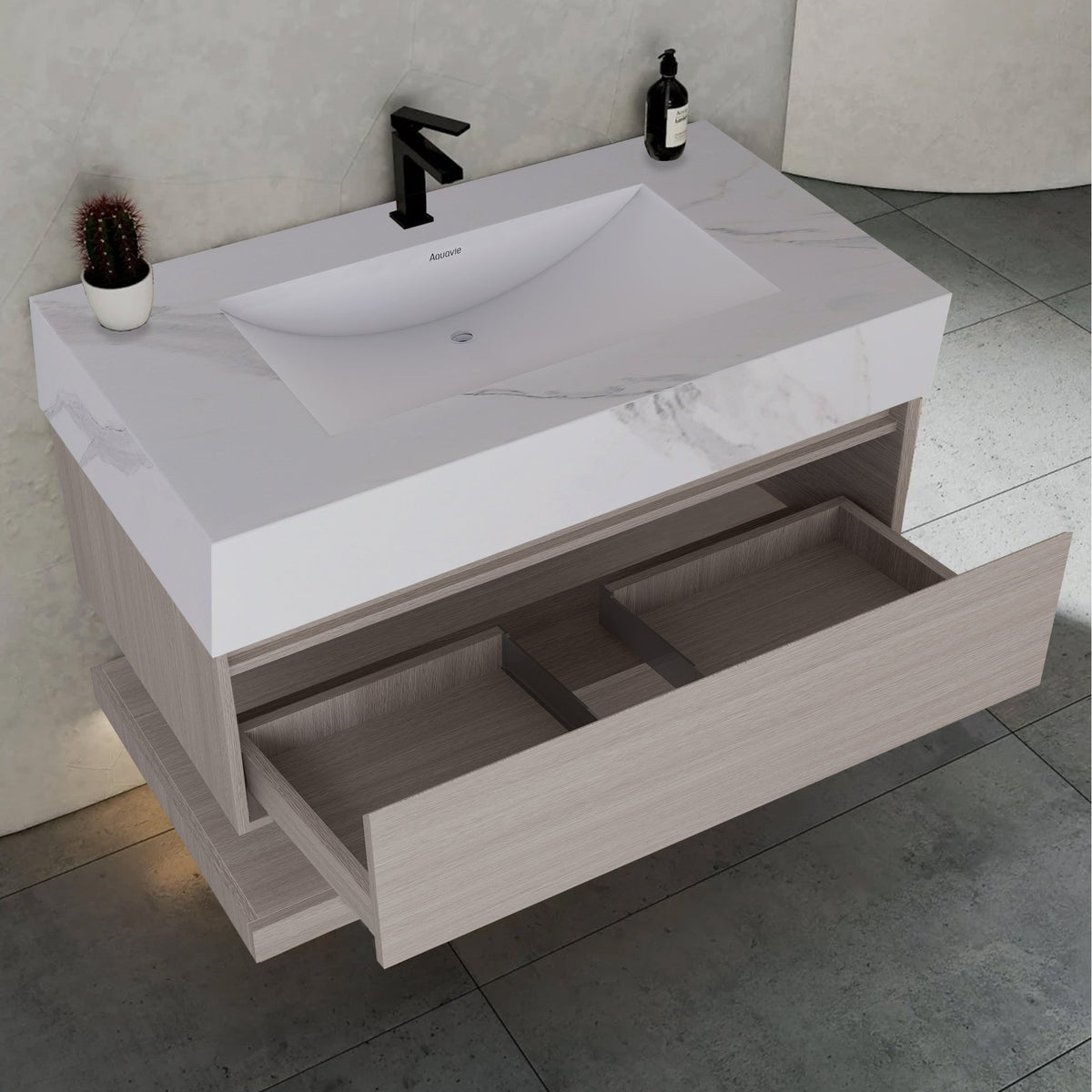 32", 36", 40" White Grey Oak Hotel-Style Floating Bathroom Vanity With Sintered Stone Top with -VanityWhite Carrara