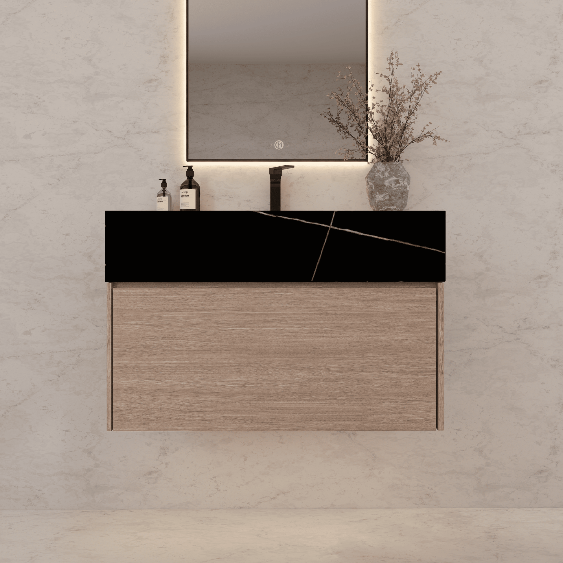 32"/ 36"/40" Smoked Oak Single Sink Floating Bathroom Vanity with Sintered Stone Top - VanityBlack Marquina Gold Veins NeoNova Decor