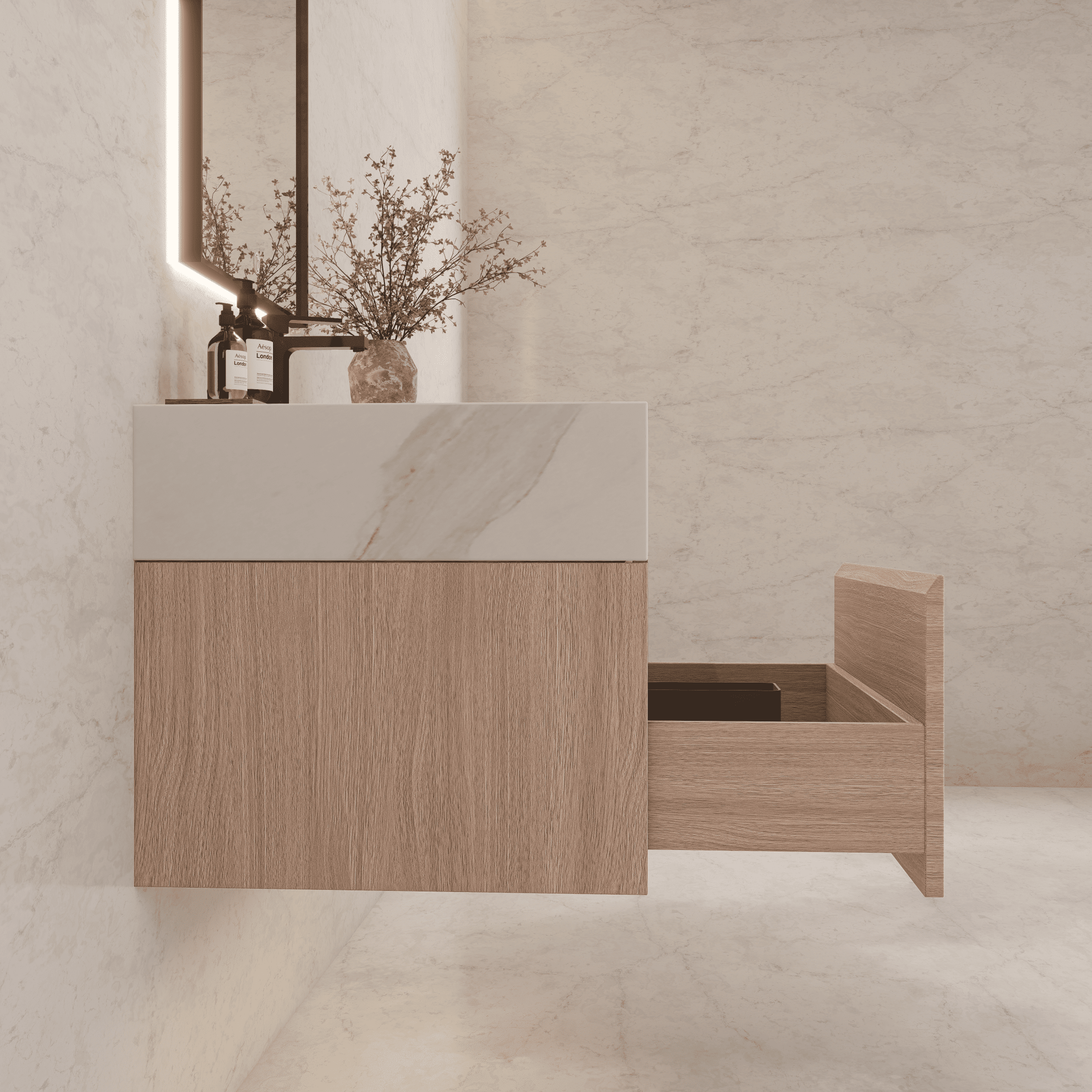 32"/ 36"/40" Smoked Oak Single Sink Floating Bathroom Vanity with Sintered Stone Top -VanityBlack Marquina Gold Veins