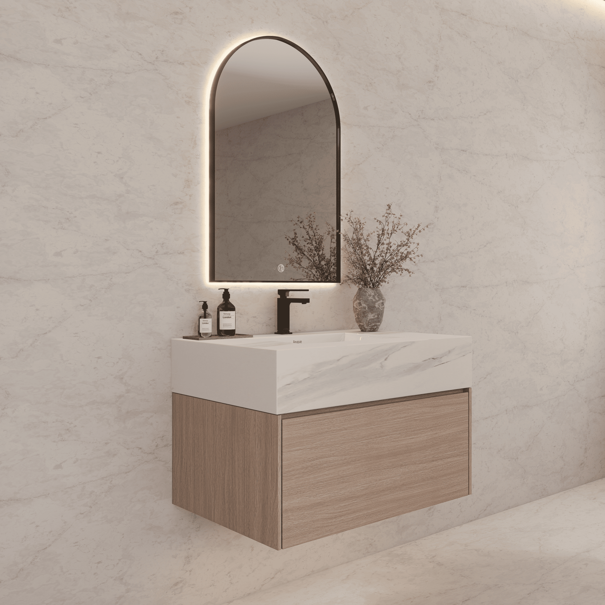 32"/ 36"/40" Smoked Oak Single Sink Floating Bathroom Vanity with Sintered Stone Top -VanityBlack Marquina Gold Veins