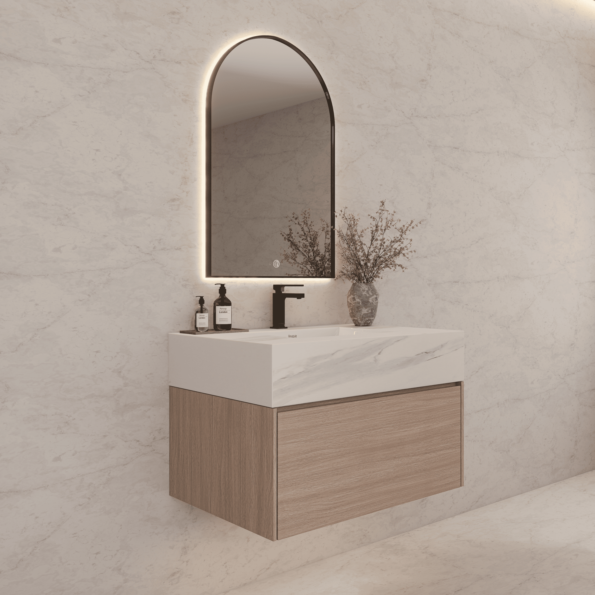 32"/ 36"/40" Smoked Oak Single Sink Floating Bathroom Vanity with Sintered Stone Top -VanityBlack Marquina Gold Veins