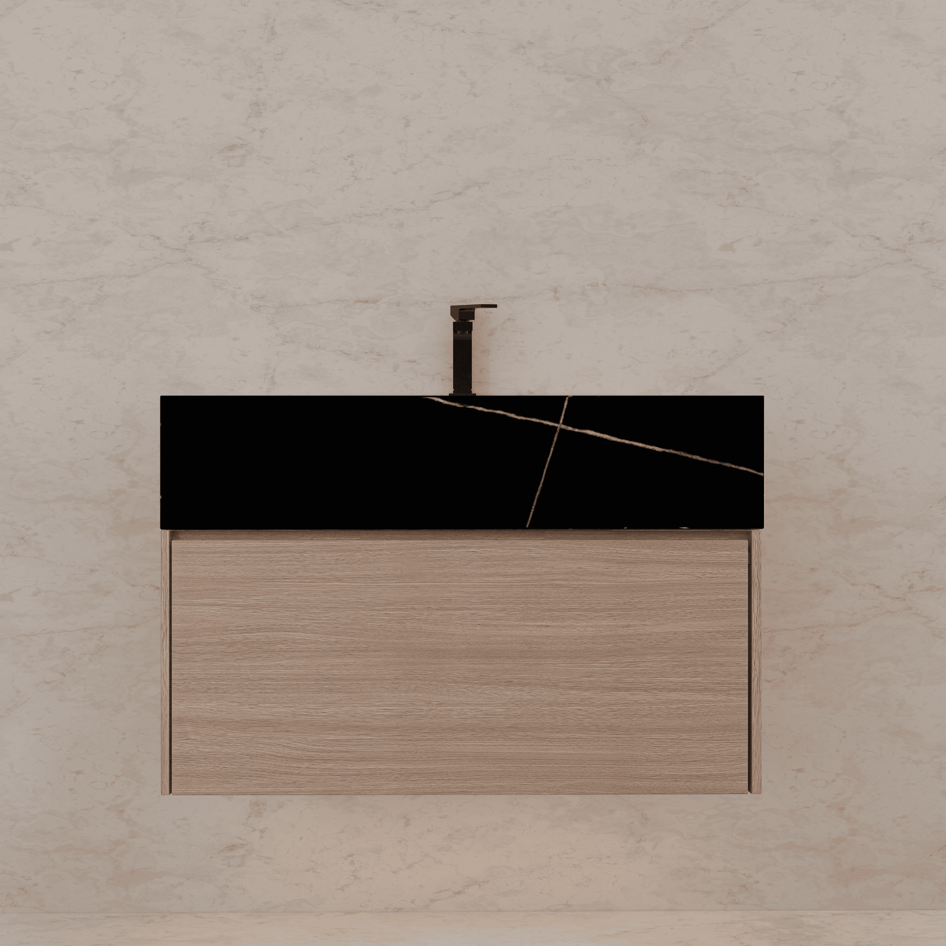 32"/ 36"/40" Smoked Oak Single Sink Floating Bathroom Vanity with Sintered Stone Top - VanityBlack Marquina Gold Veins NeoNova Decor