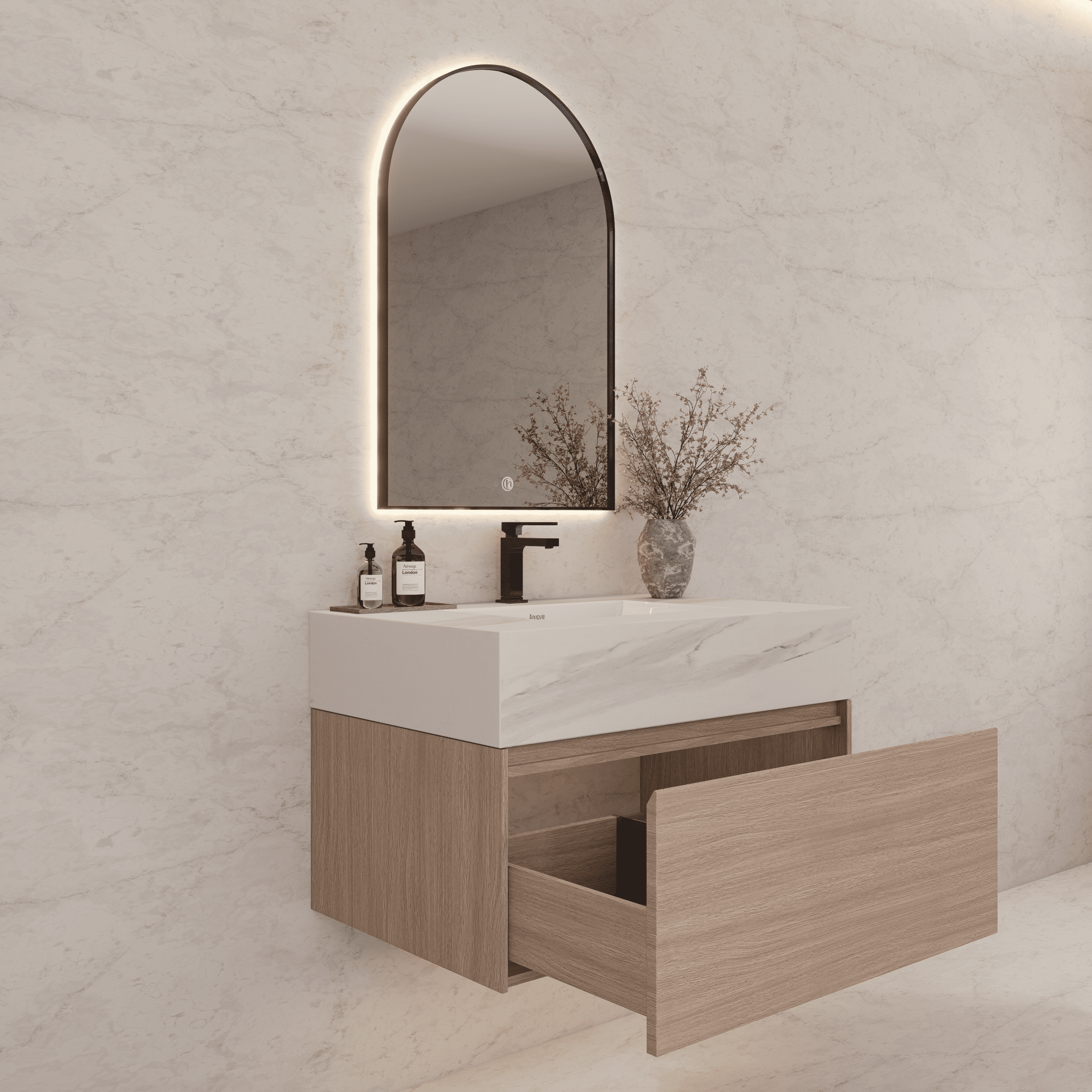 32"/ 36"/40" Smoked Oak Single Sink Floating Bathroom Vanity with Sintered Stone Top -VanityBlack Marquina Gold Veins