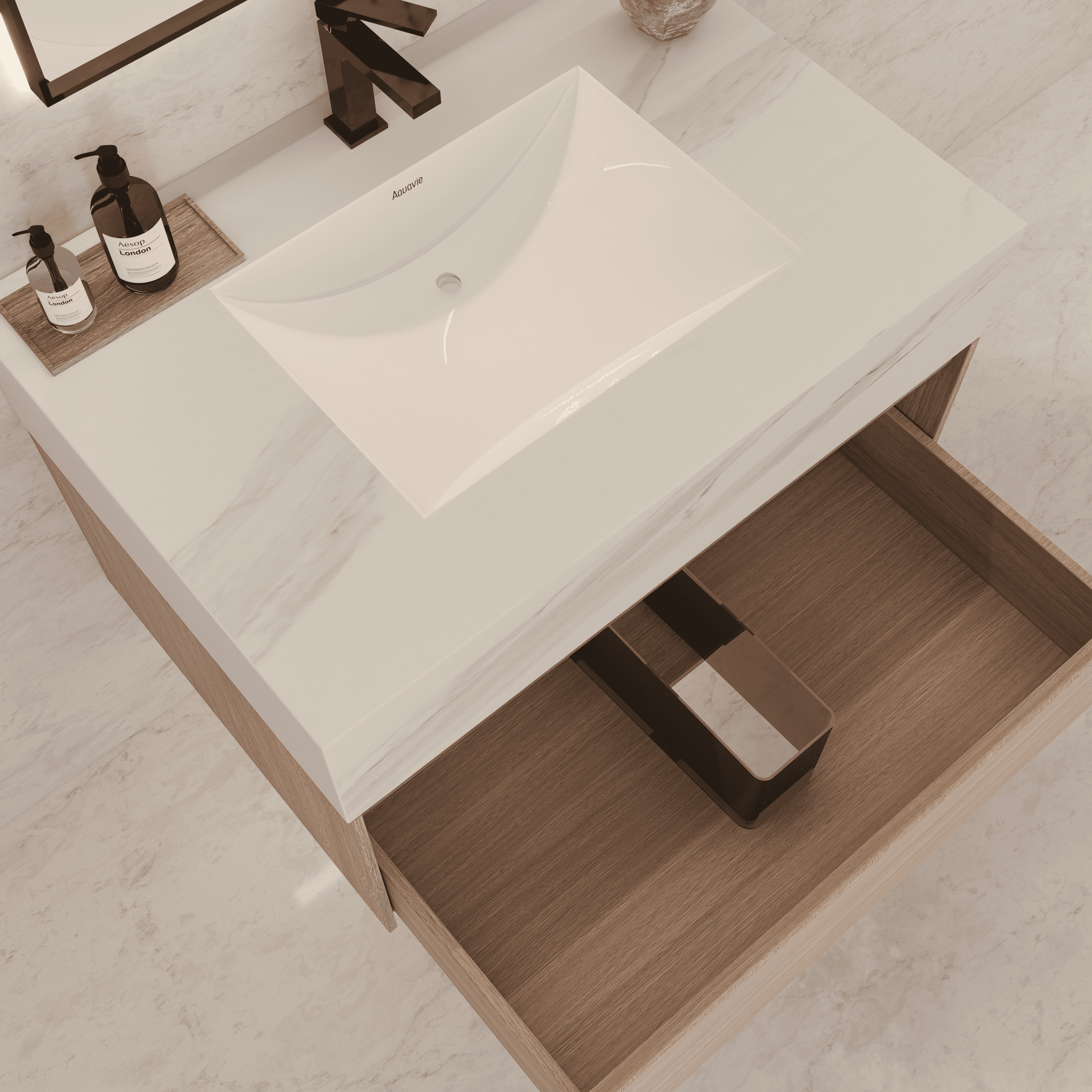 32"/ 36"/40" Smoked Oak Single Sink Floating Bathroom Vanity with Sintered Stone Top -VanityBlack Marquina Gold Veins