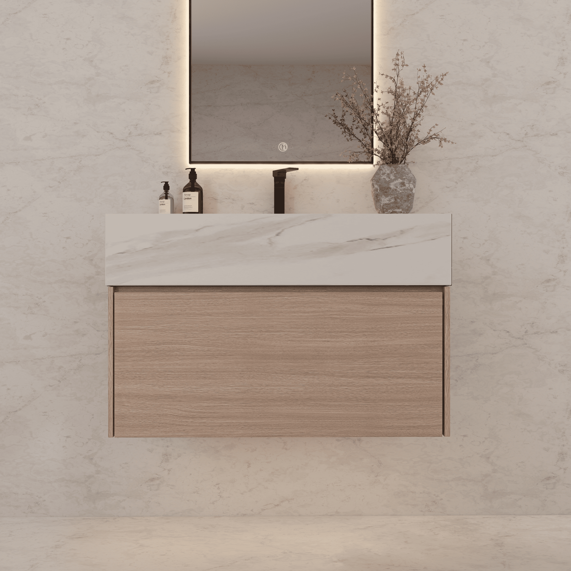 32"/ 36"/40" Smoked Oak Single Sink Floating Bathroom Vanity with Sintered Stone Top -VanityBlack Marquina Gold Veins