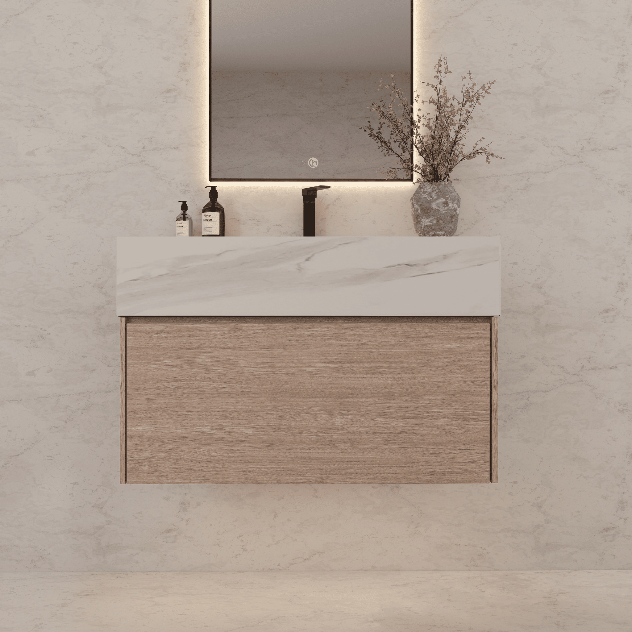 32"/ 36"/40" Smoked Oak Single Sink Floating Bathroom Vanity with Sintered Stone Top -VanityBlack Marquina Gold Veins