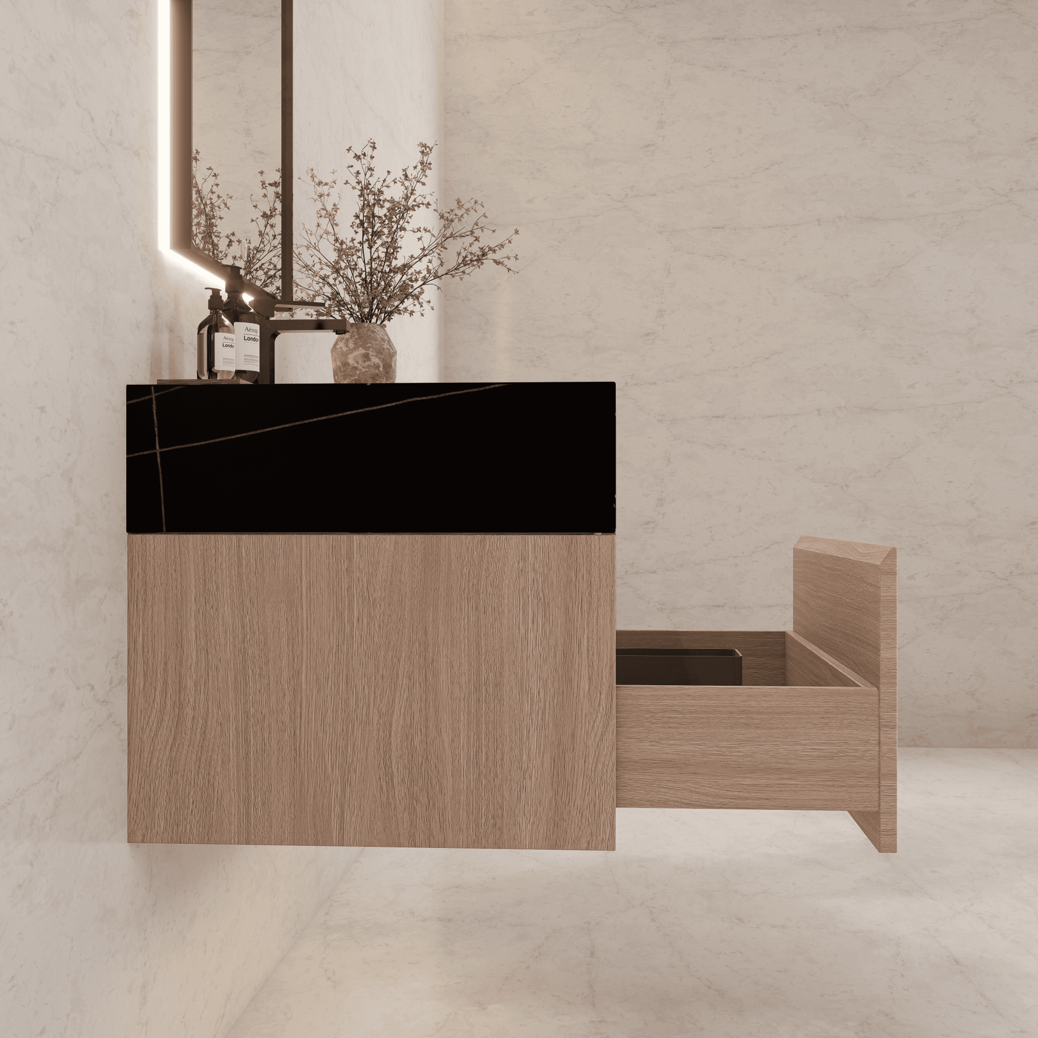 32"/ 36"/40" Smoked Oak Single Sink Floating Bathroom Vanity with Sintered Stone Top - VanityBlack Marquina Gold Veins NeoNova Decor