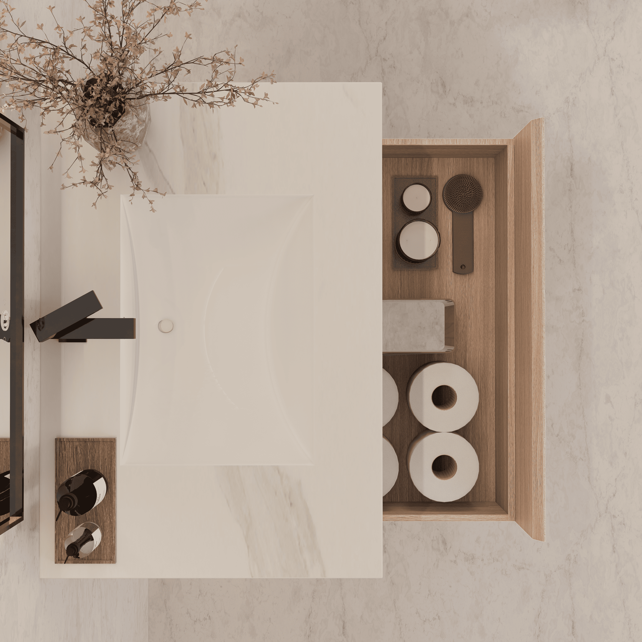 32"/ 36"/40" Smoked Oak Single Sink Floating Bathroom Vanity with Sintered Stone Top -VanityBlack Marquina Gold Veins