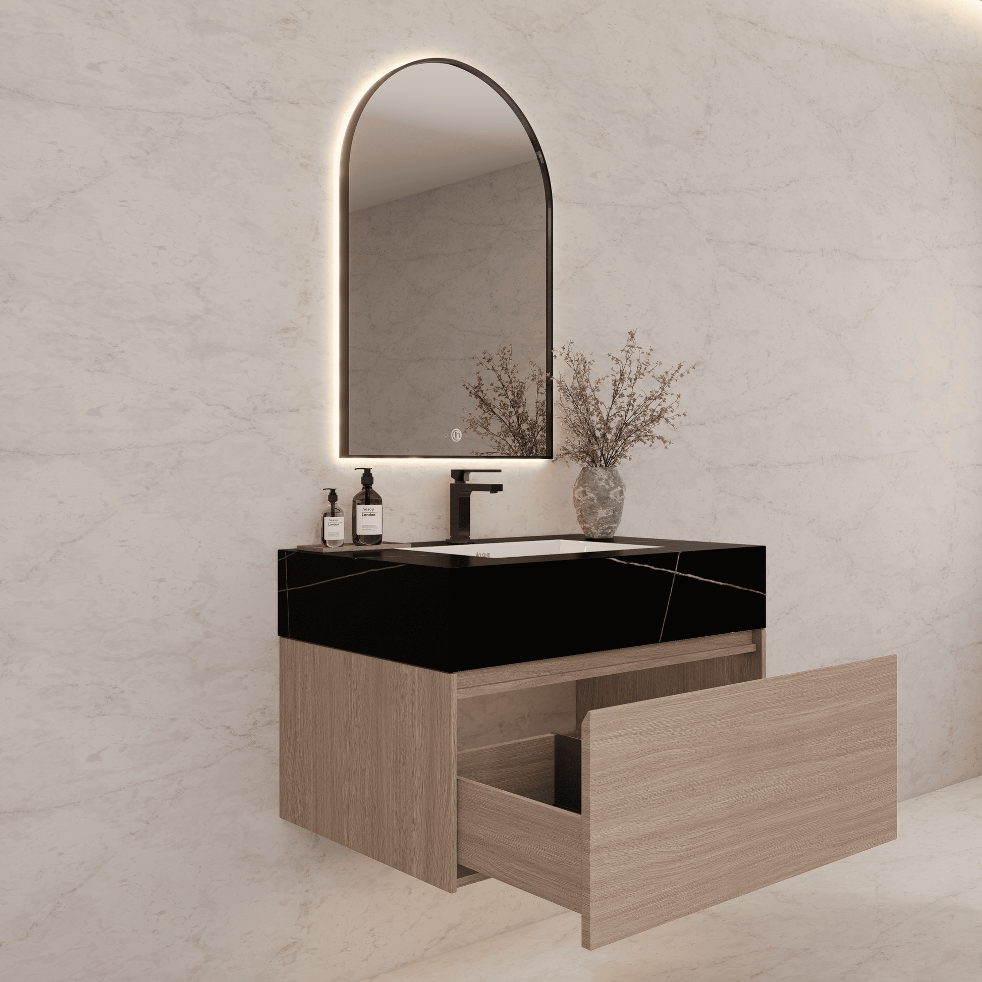 32"/ 36"/40" Smoked Oak Single Sink Floating Bathroom Vanity with Sintered Stone Top - VanityBlack Marquina Gold Veins NeoNova Decor