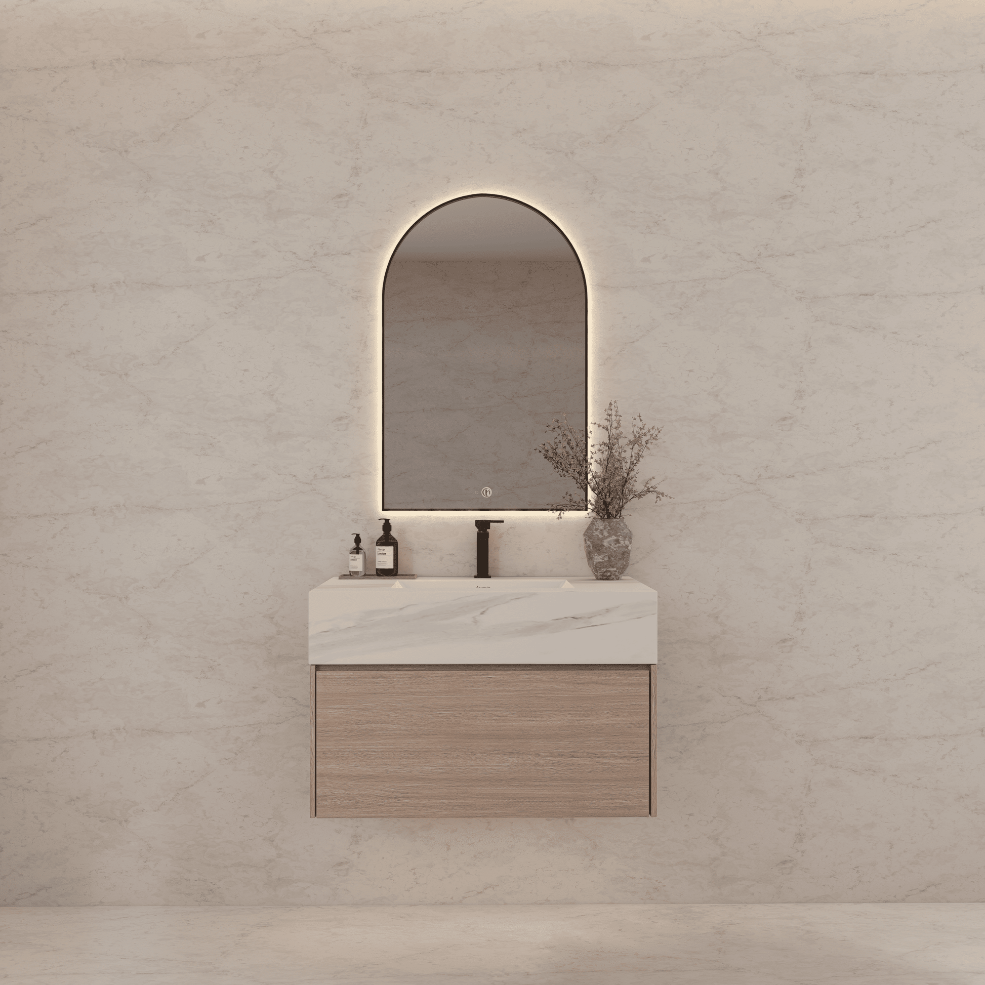32"/ 36"/40" Smoked Oak Single Sink Floating Bathroom Vanity with Sintered Stone Top -VanityBlack Marquina Gold Veins