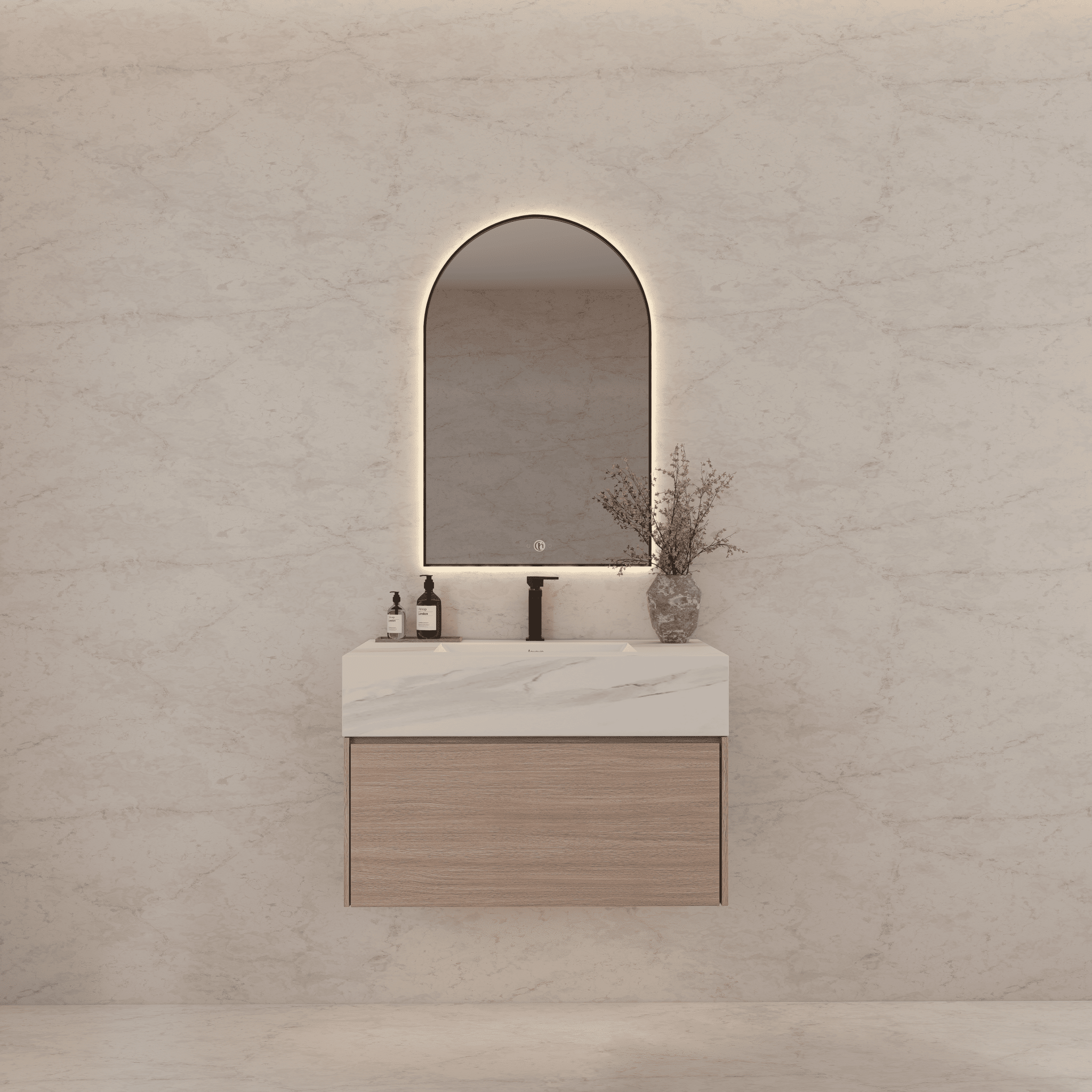 32"/ 36"/40" Smoked Oak Single Sink Floating Bathroom Vanity with Sintered Stone Top -VanityBlack Marquina Gold Veins