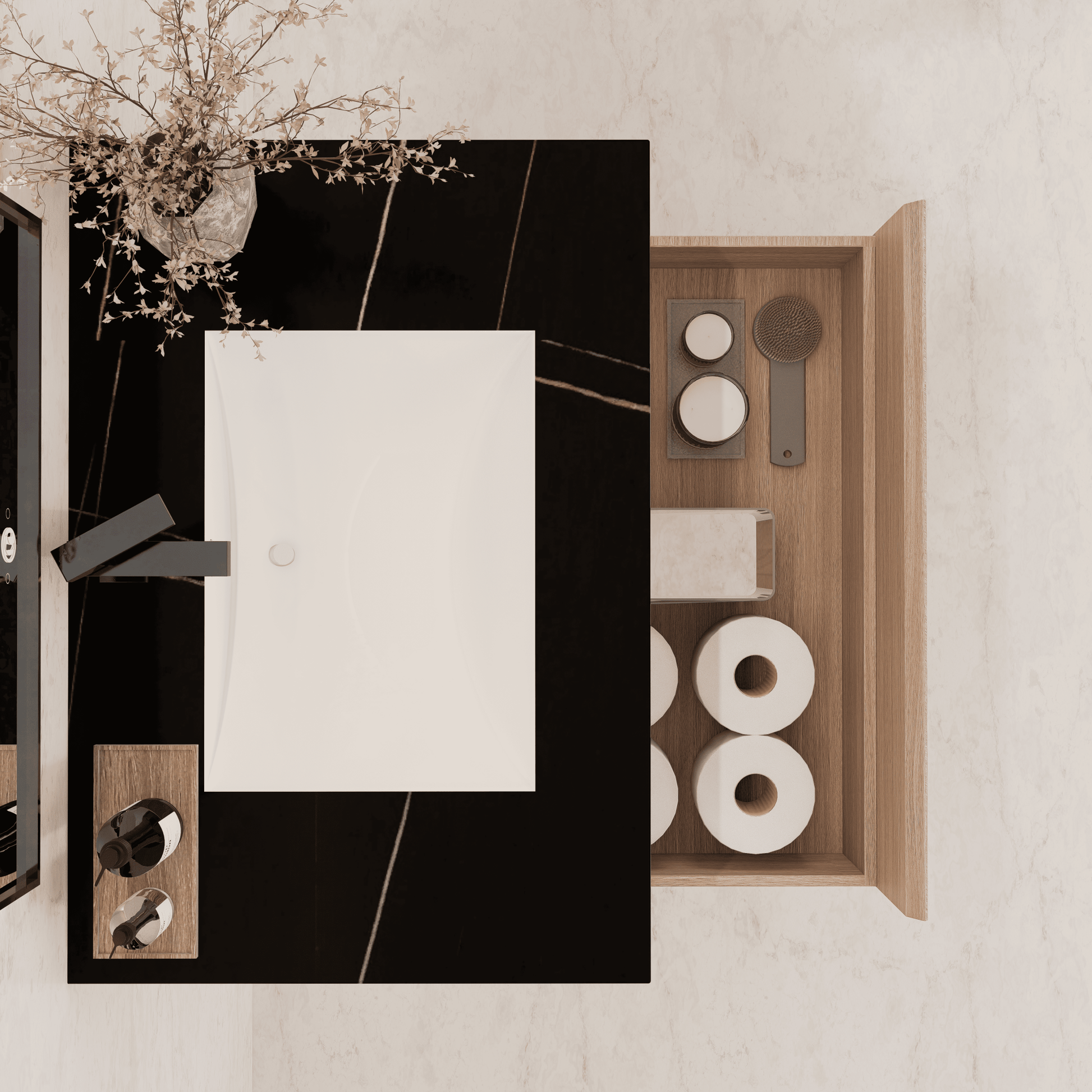 32"/ 36"/40" Smoked Oak Single Sink Floating Bathroom Vanity with Sintered Stone Top - VanityBlack Marquina Gold Veins NeoNova Decor