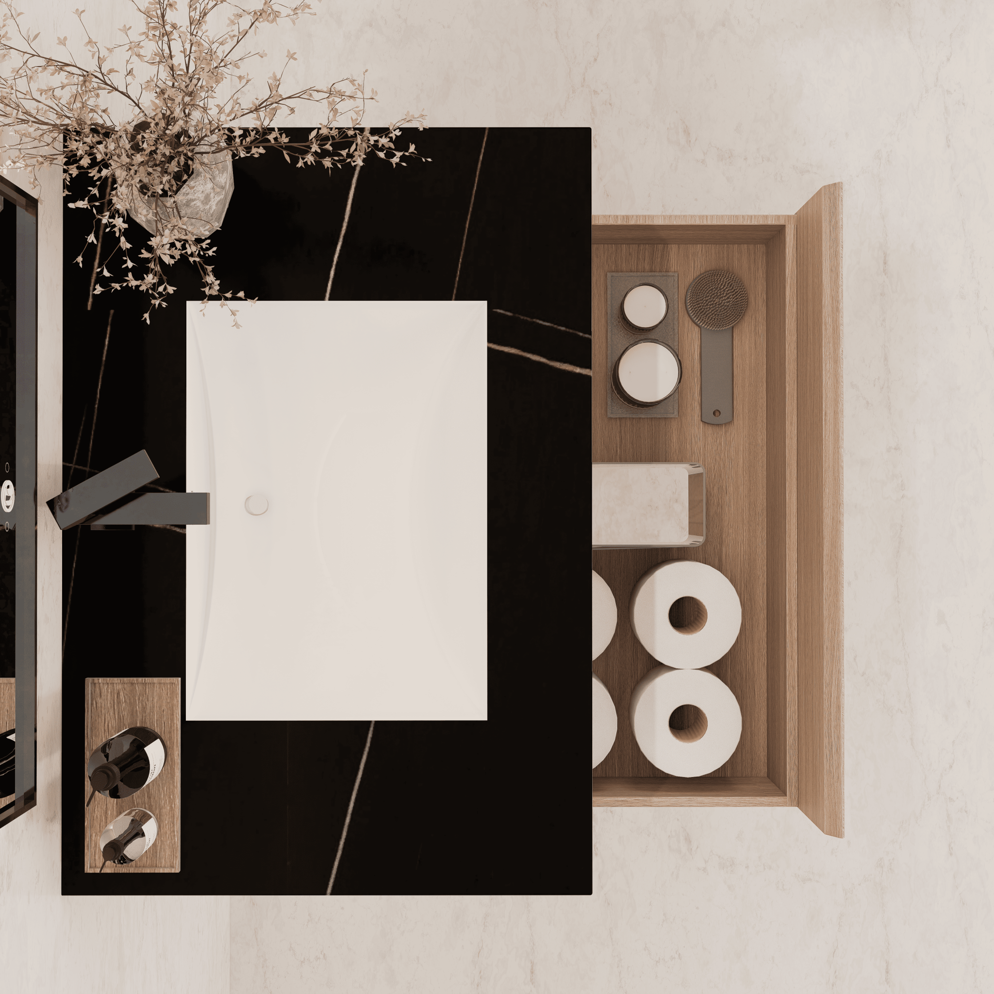 32"/ 36"/40" Smoked Oak Single Sink Floating Bathroom Vanity with Sintered Stone Top - VanityBlack Marquina Gold Veins NeoNova Decor