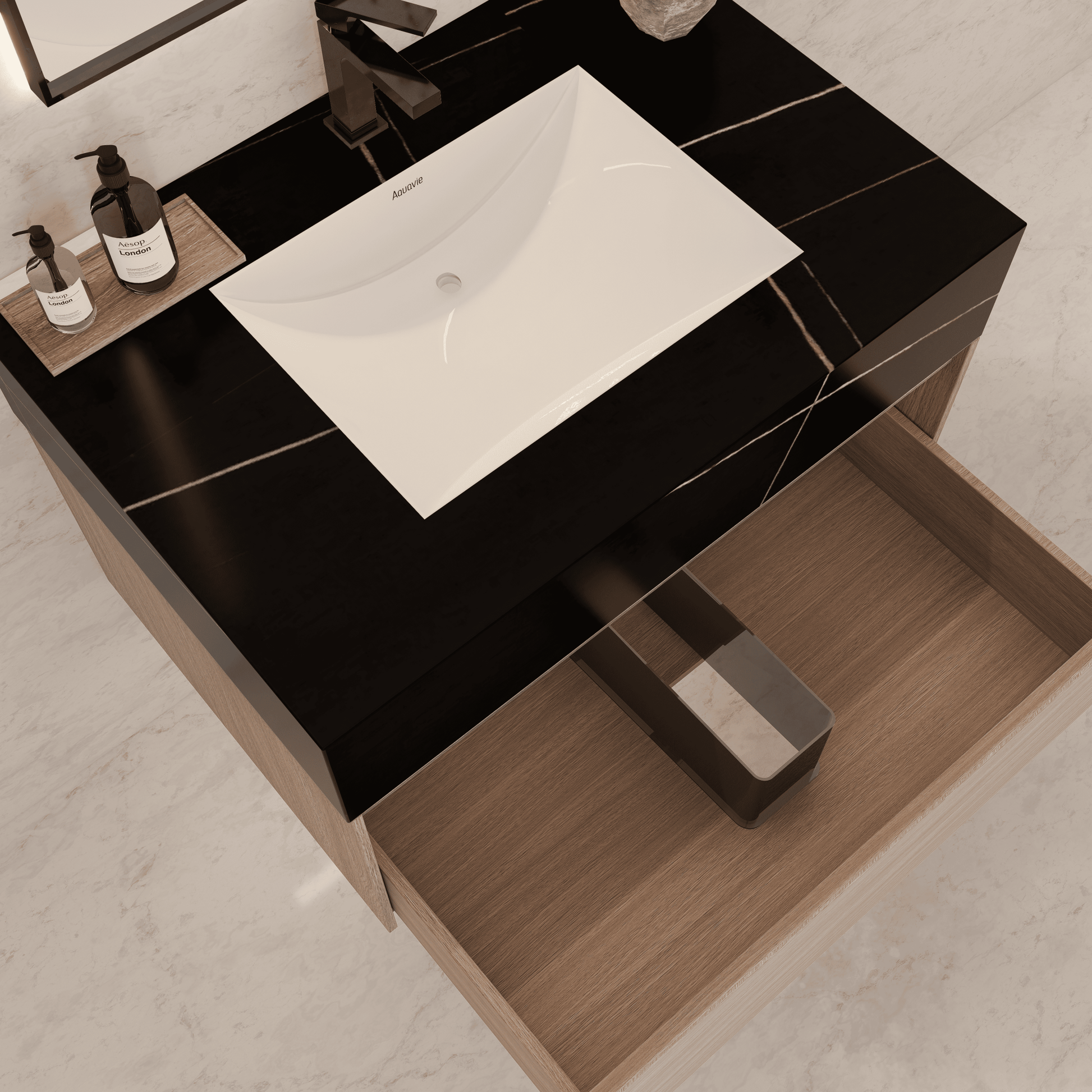 32"/ 36"/40" Smoked Oak Single Sink Floating Bathroom Vanity with Sintered Stone Top - VanityBlack Marquina Gold Veins NeoNova Decor