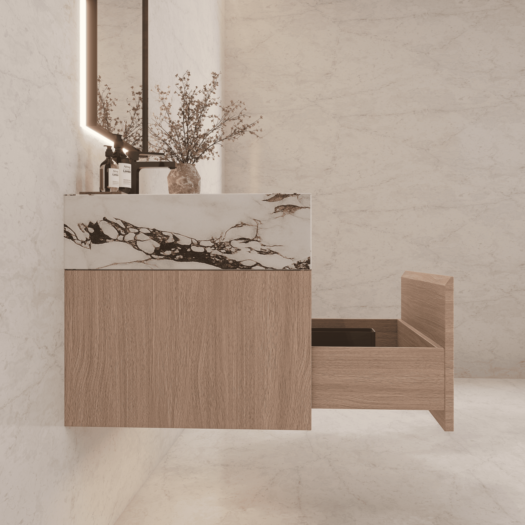 32"/ 36"/40" Smoked Oak Single Sink Floating Bathroom Vanity with Sintered Stone Top - VanityCalacatta Black NeoNova Decor