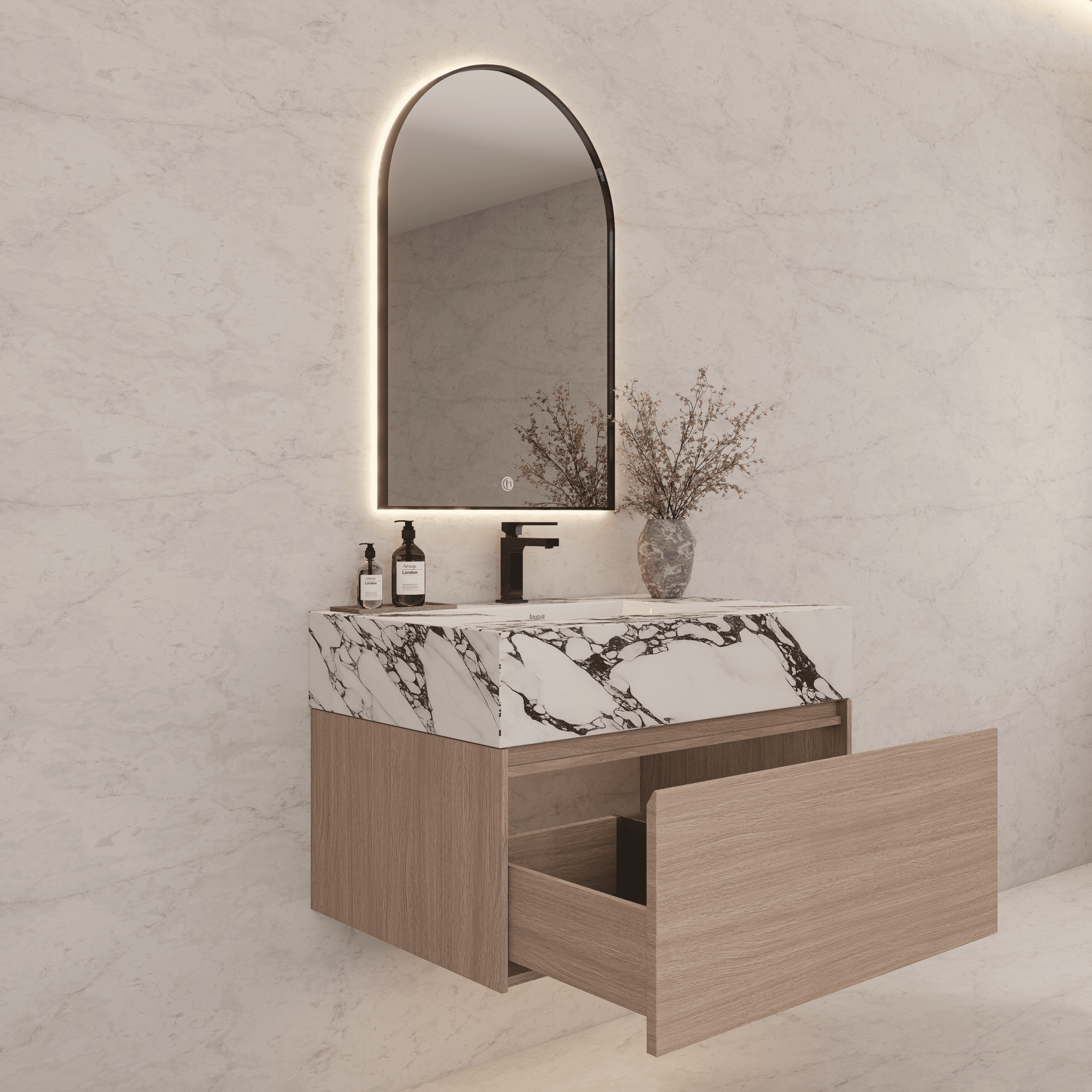 32"/ 36"/40" Smoked Oak Single Sink Floating Bathroom Vanity with Sintered Stone Top - VanityCalacatta Black NeoNova Decor