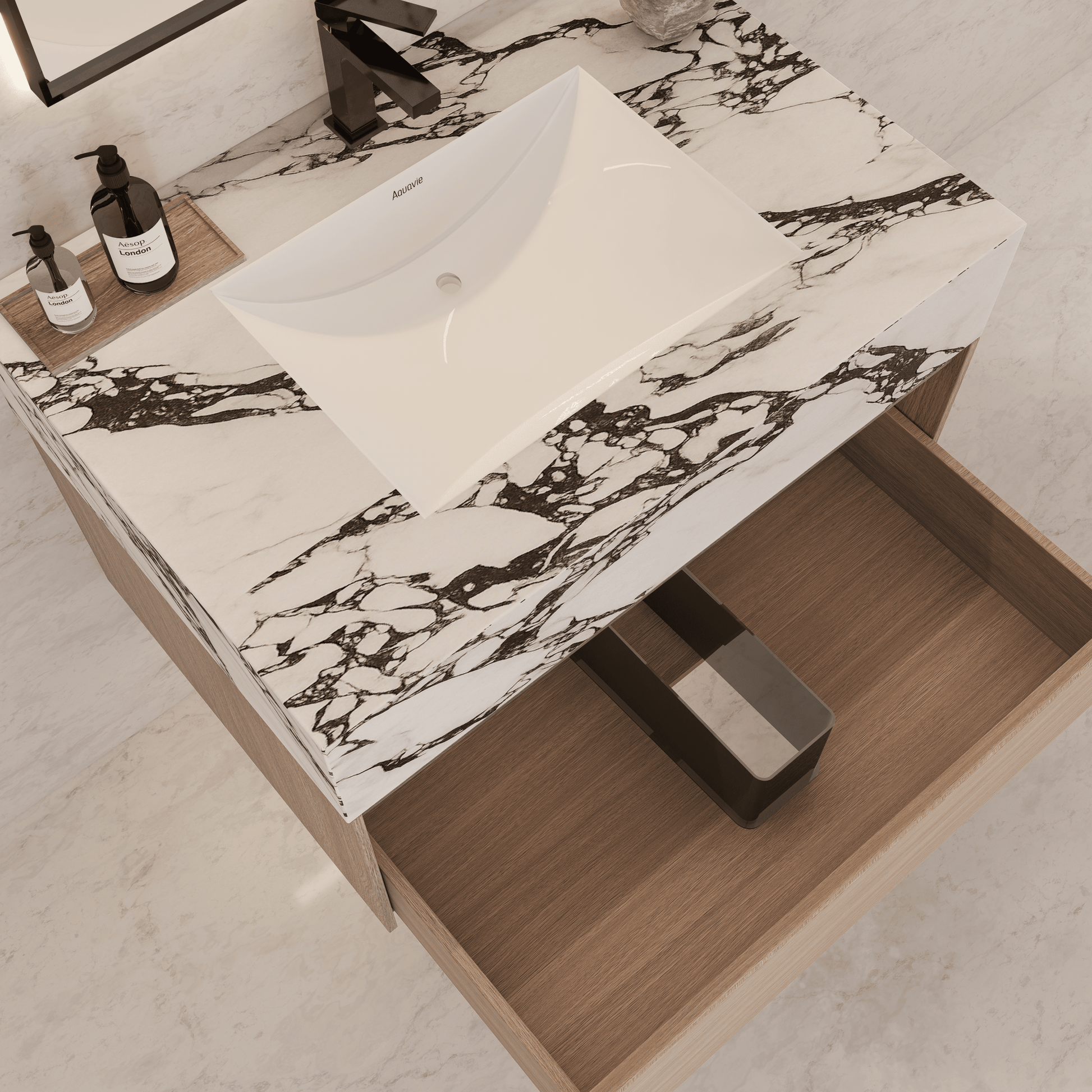 32"/ 36"/40" Smoked Oak Single Sink Floating Bathroom Vanity with Sintered Stone Top - VanityCalacatta Black NeoNova Decor