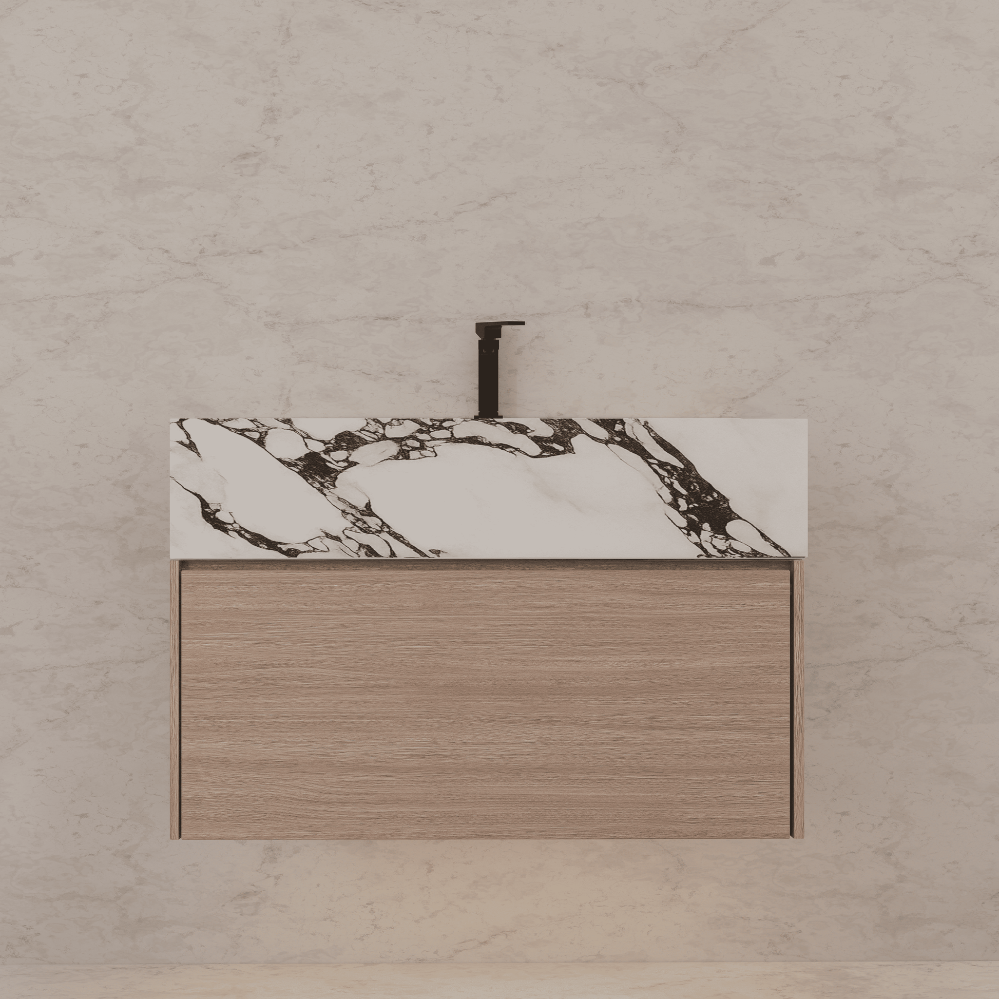 32"/ 36"/40" Smoked Oak Single Sink Floating Bathroom Vanity with Sintered Stone Top - VanityCalacatta Black NeoNova Decor