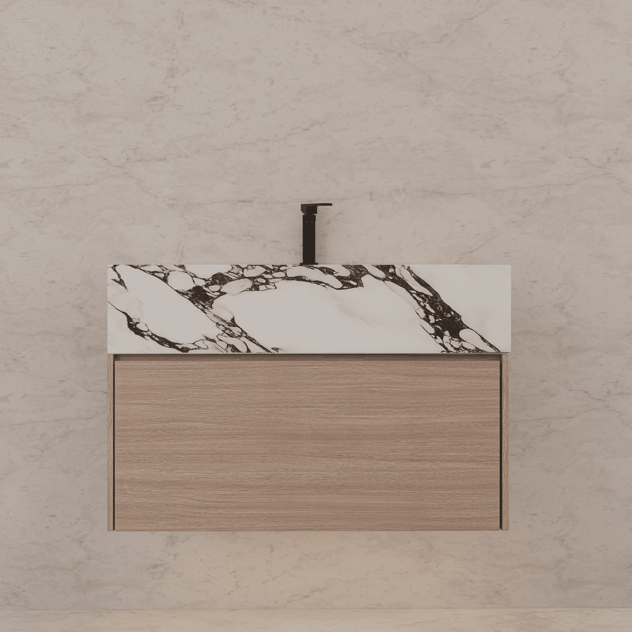 32"/ 36"/40" Smoked Oak Single Sink Floating Bathroom Vanity with Sintered Stone Top - VanityCalacatta Black NeoNova Decor